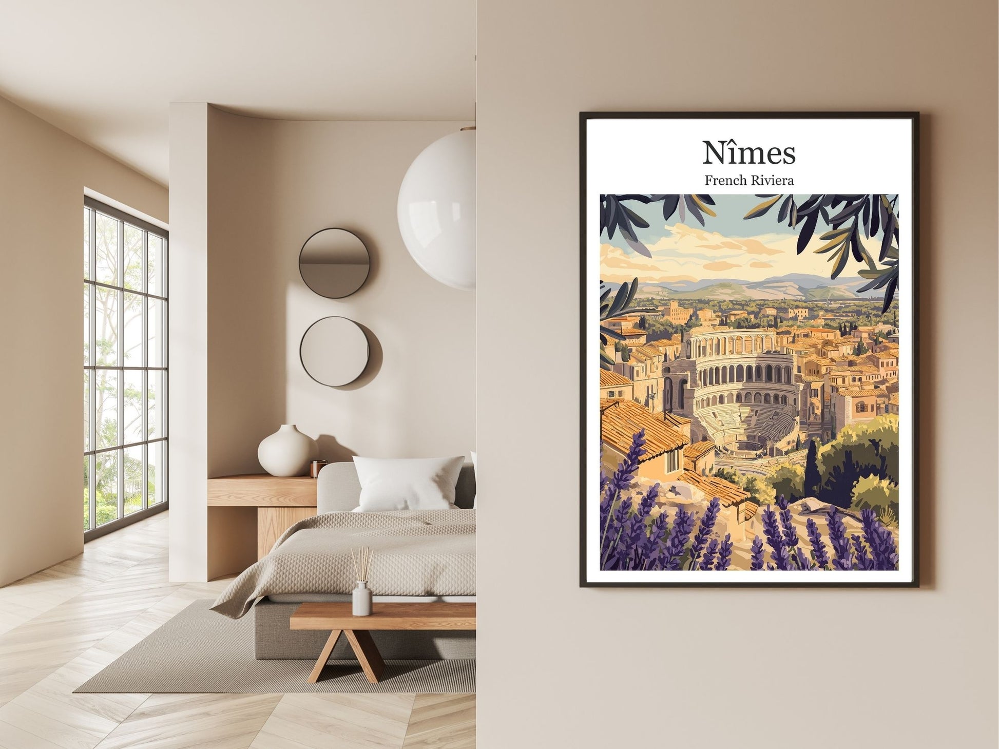Gallery wall display of Nimes travel poster – Atlas Prints