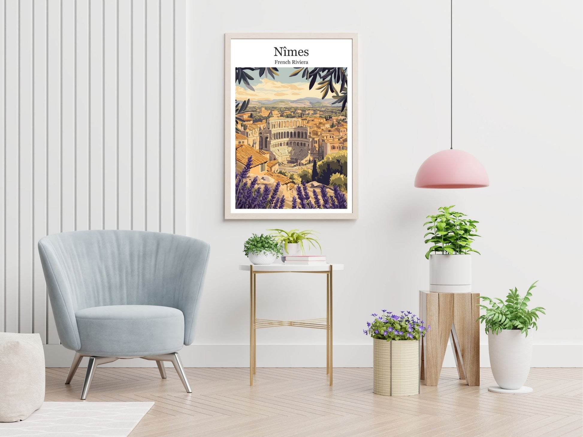 Nimes travel print displayed in living room – Atlas Prints