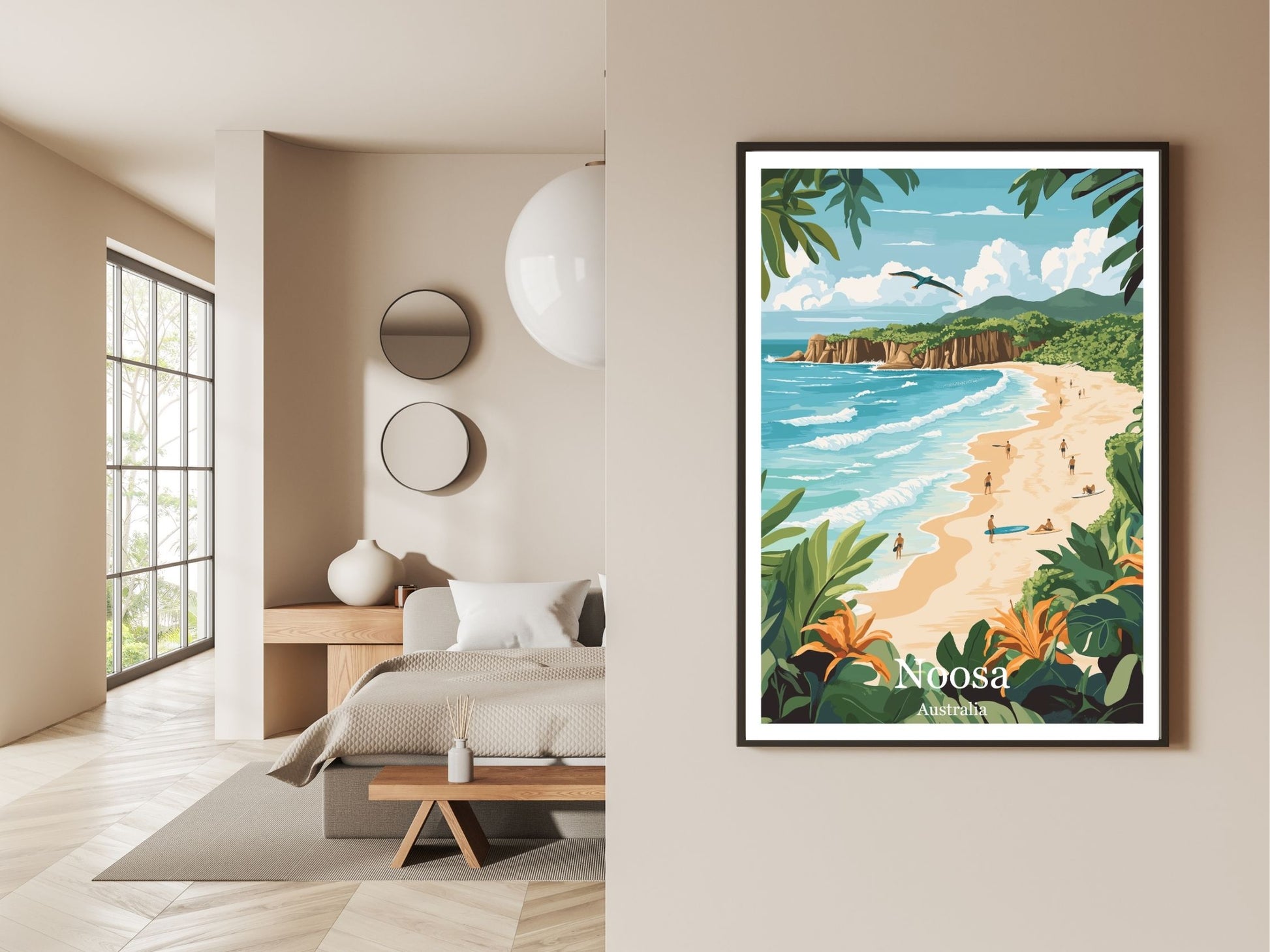 Gallery wall display of Noosa travel poster – Atlas Prints
