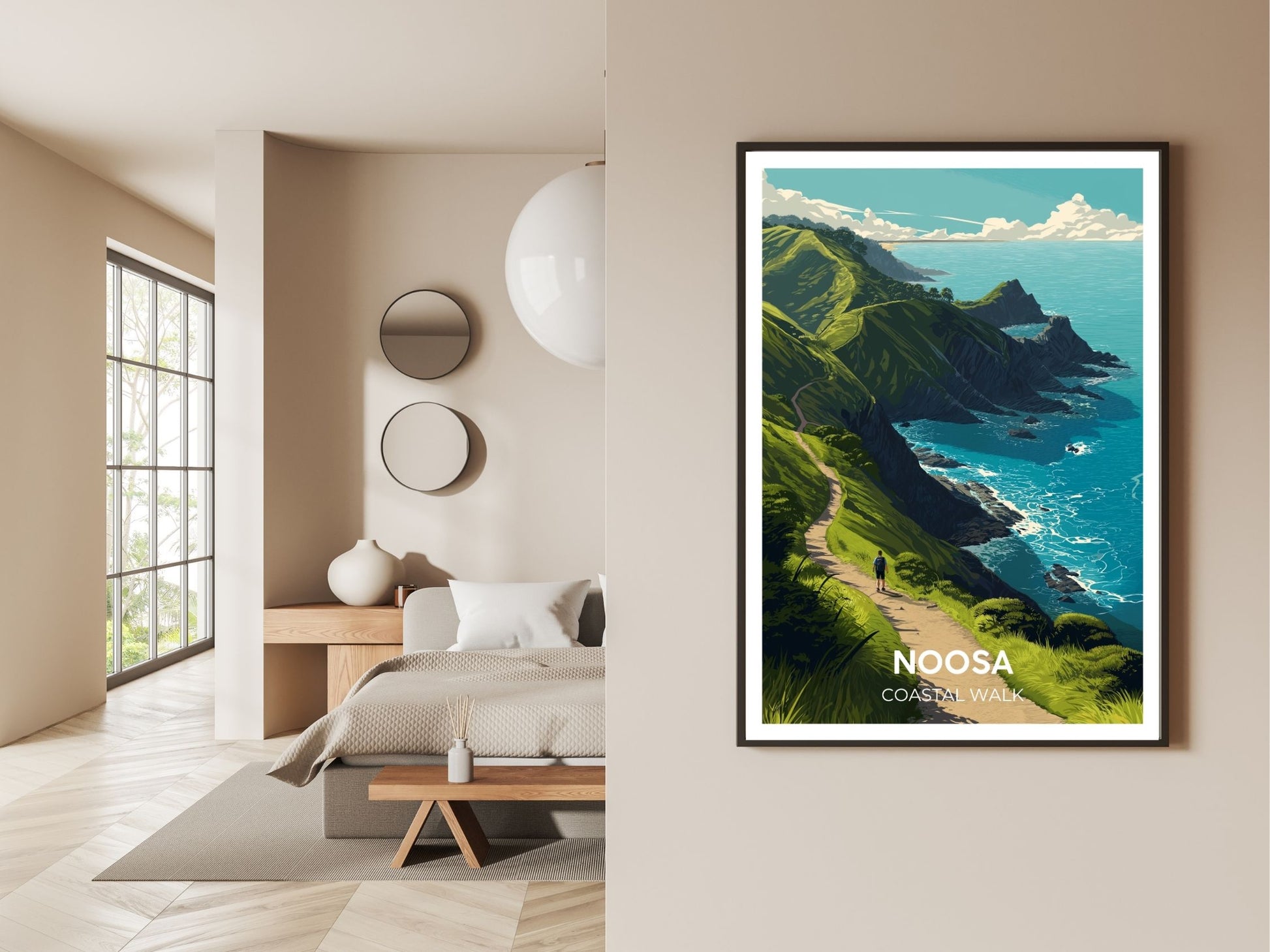 Gallery wall display of Noosa Heads travel poster – Atlas Prints