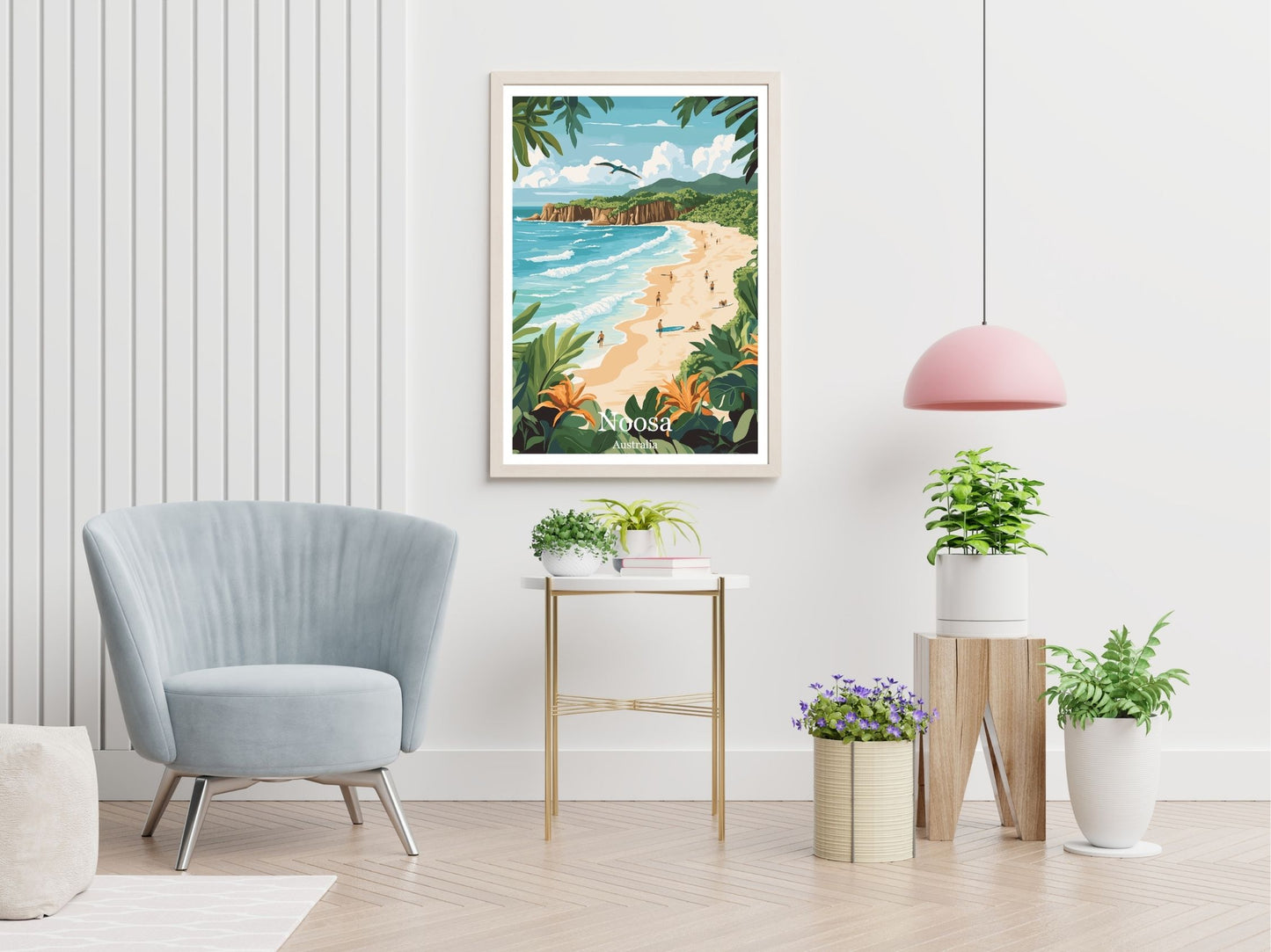 Noosa travel print displayed in living room – Atlas Prints