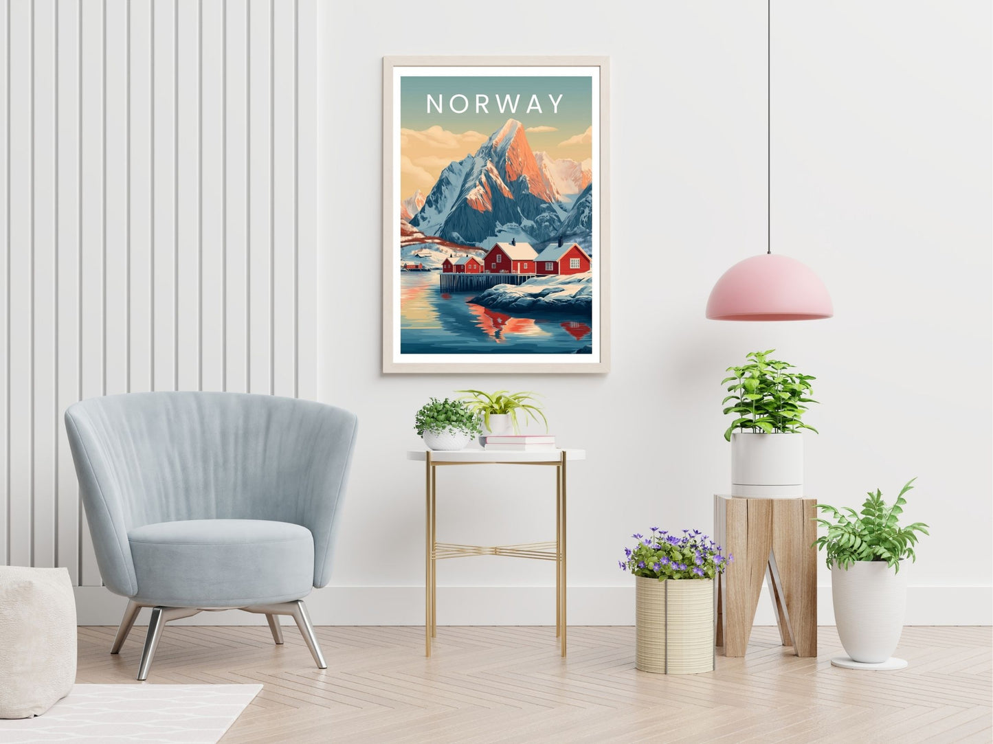 Norway travel print displayed in living room – Atlas Prints