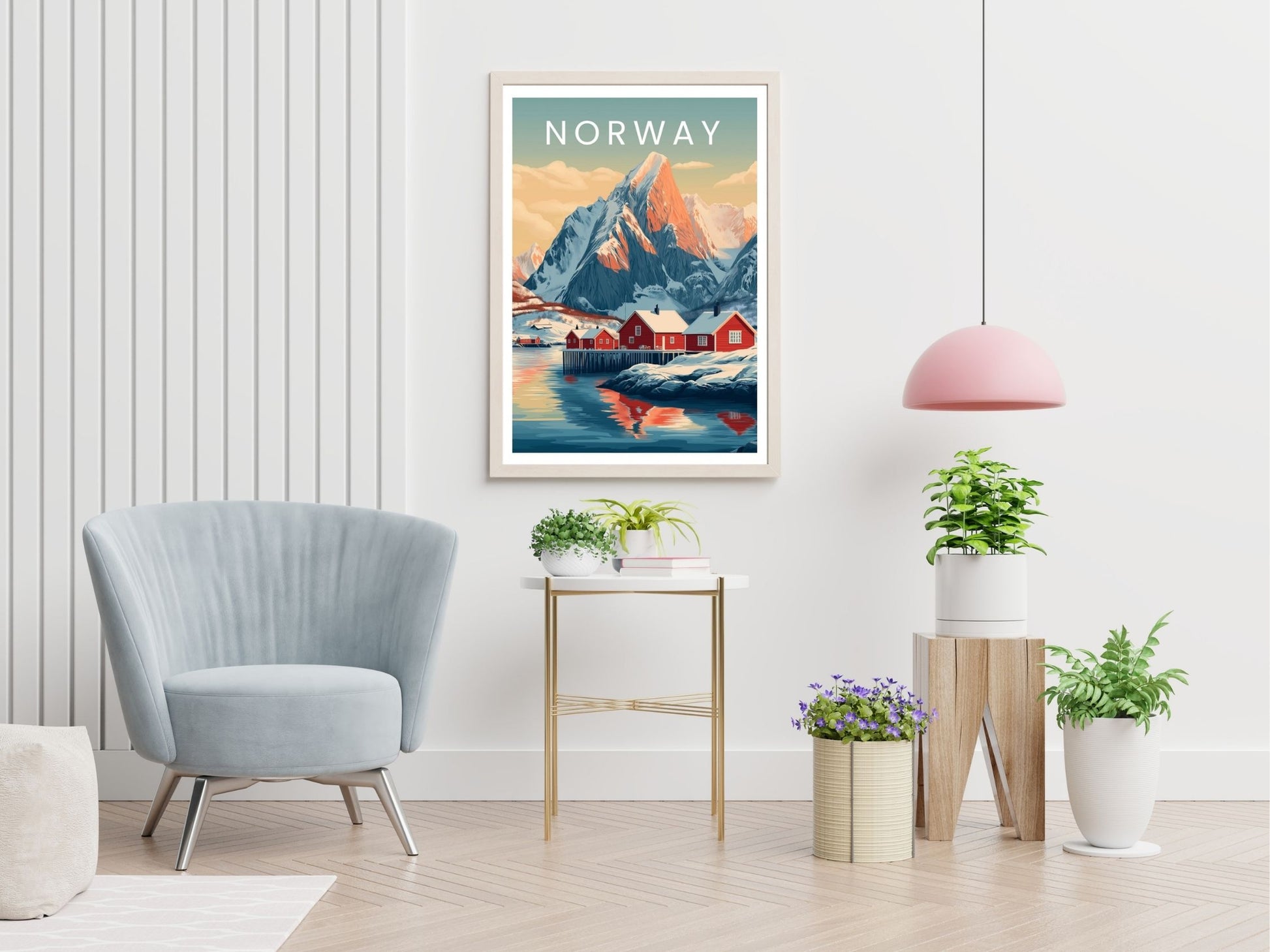 Norway travel print displayed in living room – Atlas Prints