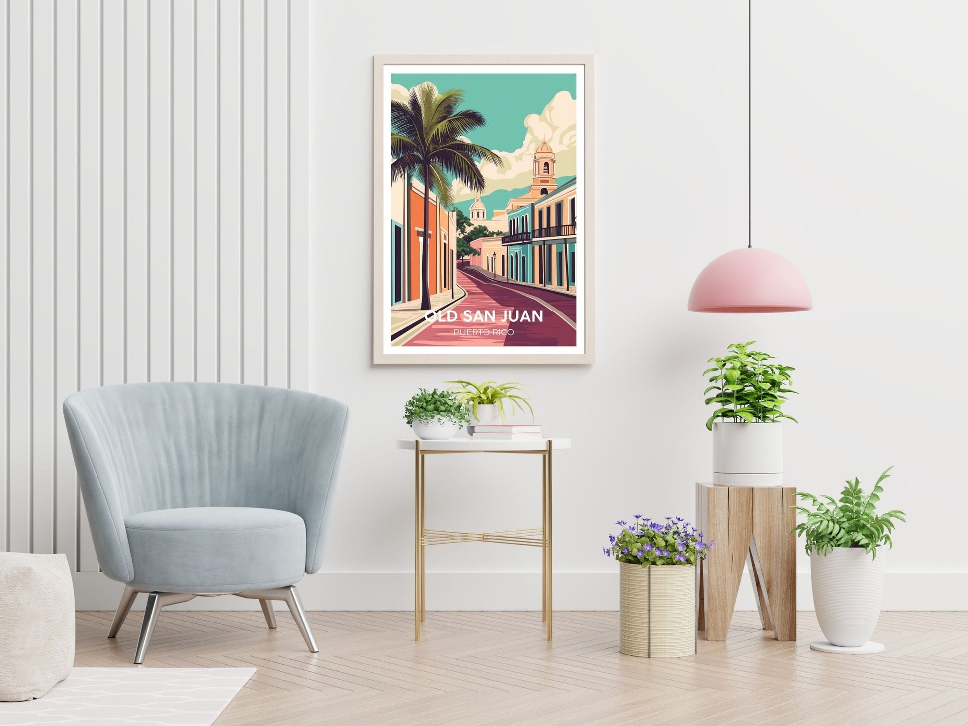 Old San Juan Puerto Rico travel print displayed in living room – Atlas Prints