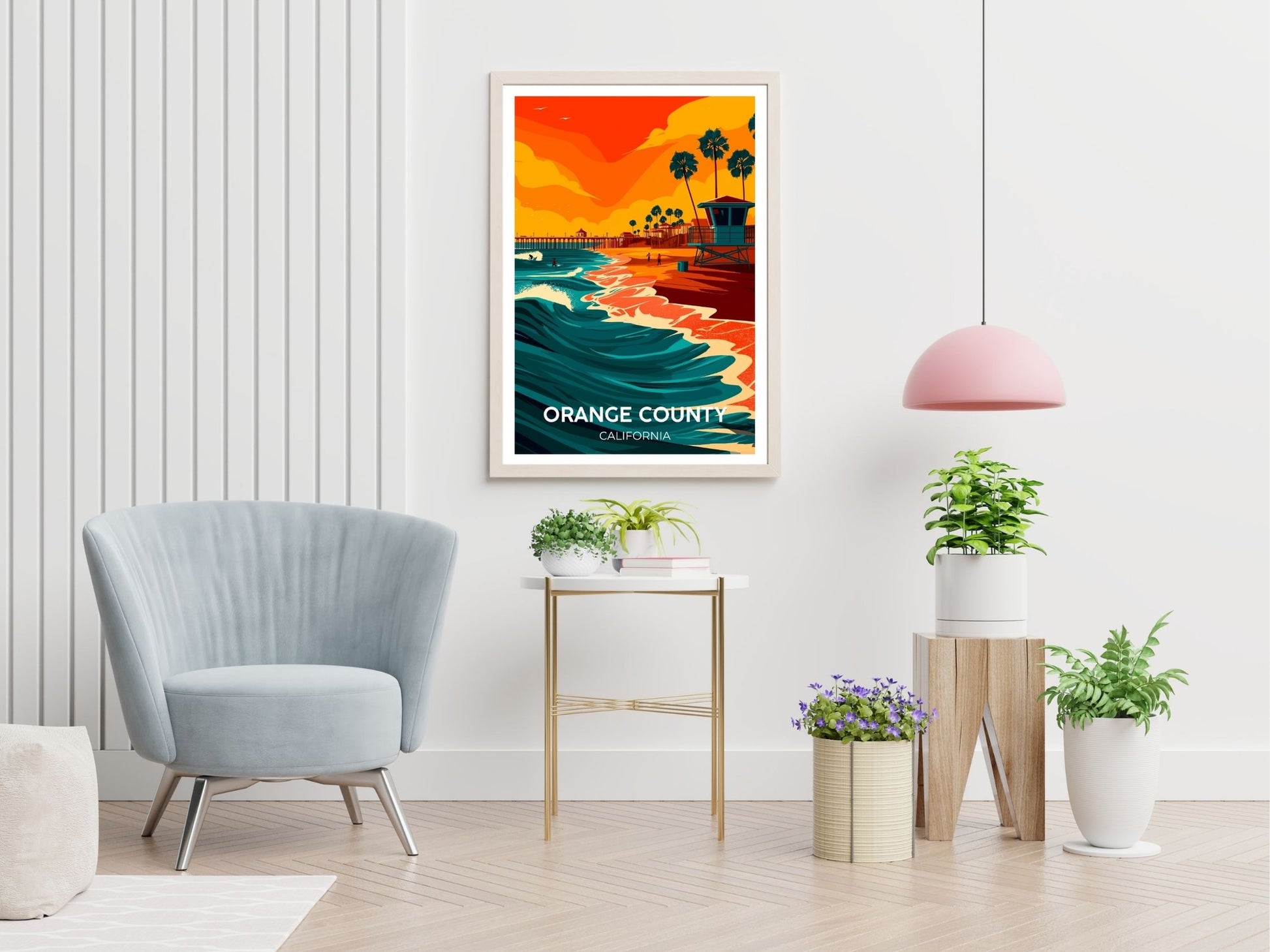 Orange County California travel print displayed in living room – Atlas Prints