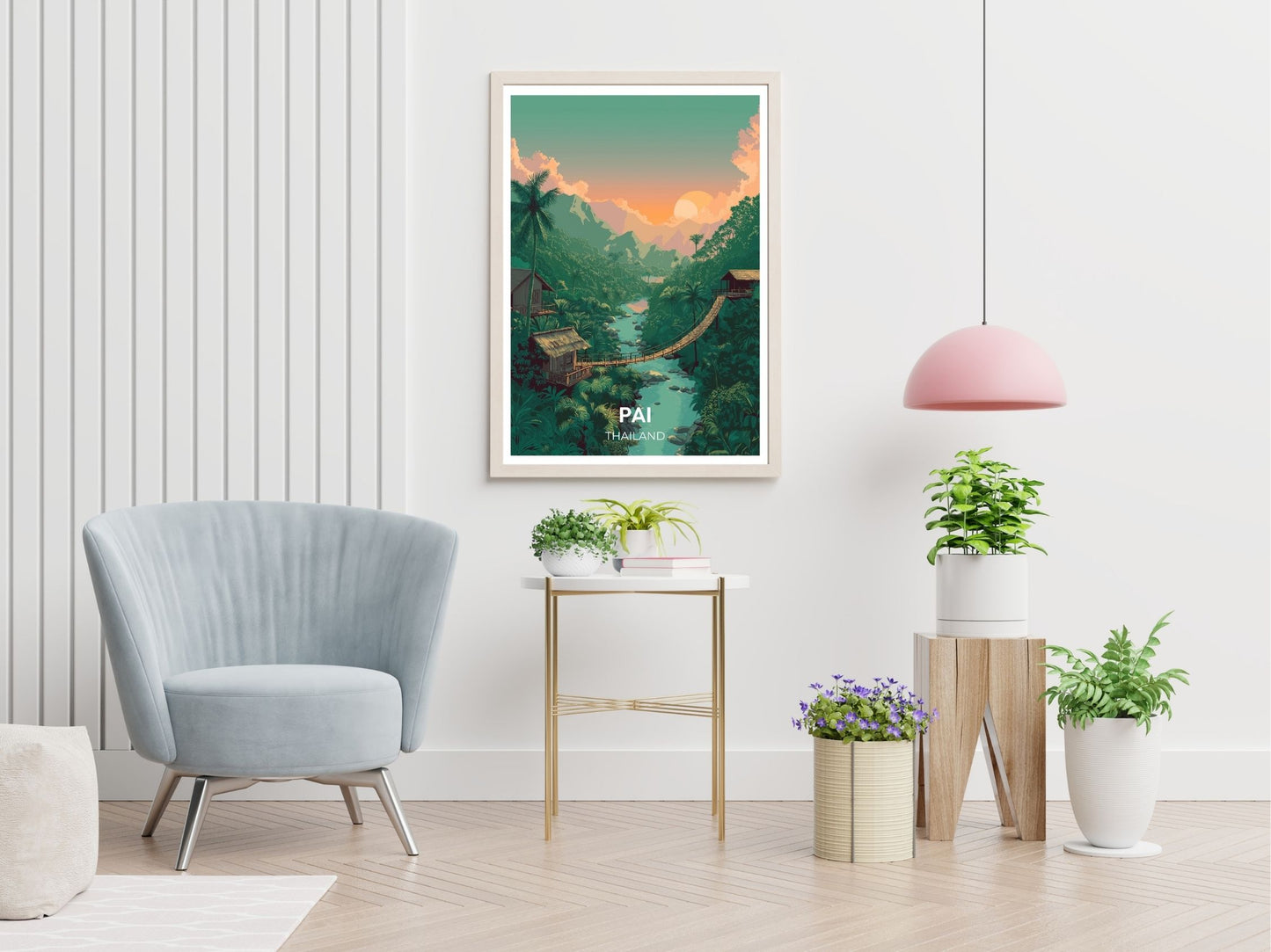 Pai Thailand travel print displayed in living room – Atlas Prints
