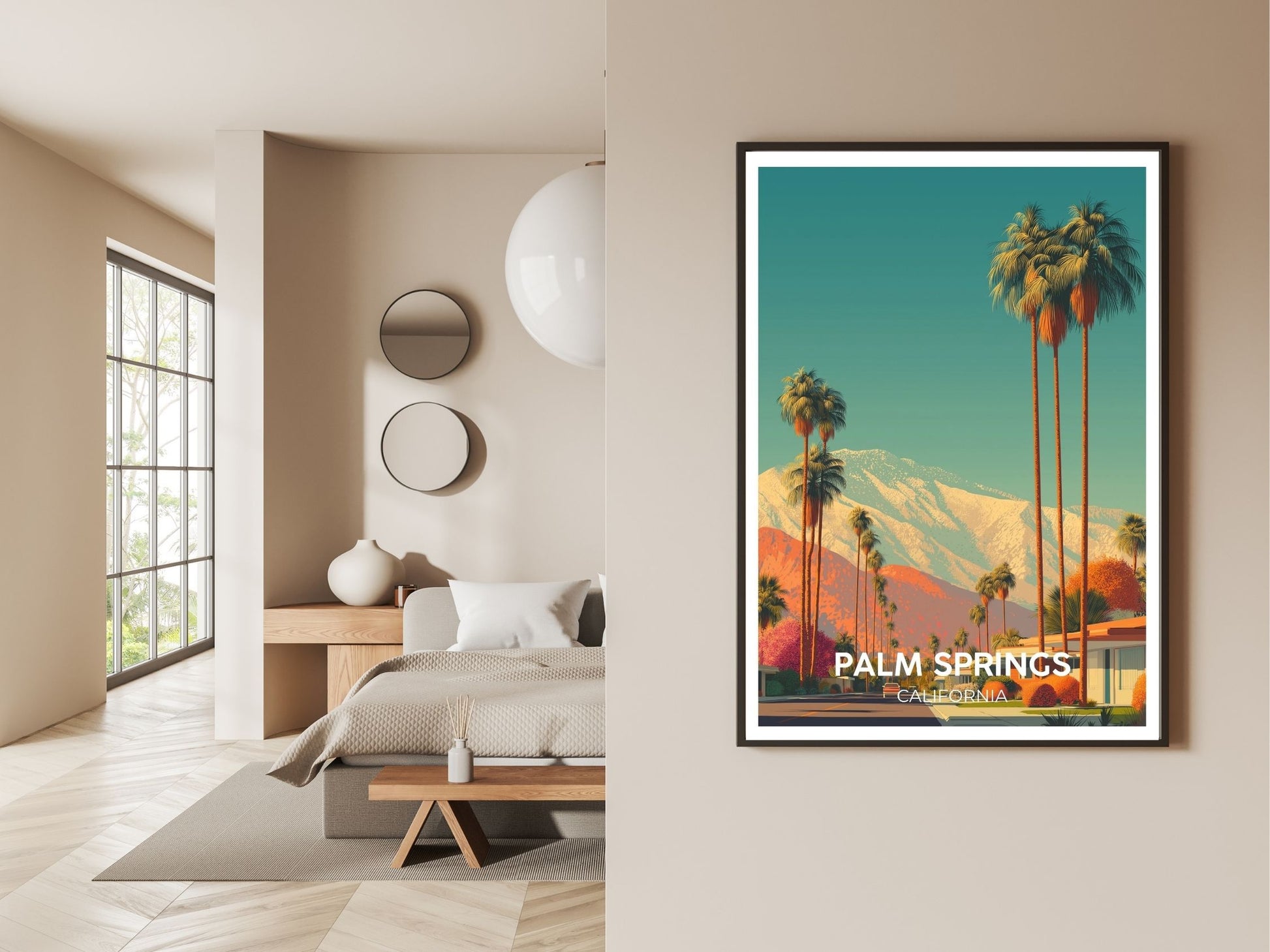 Gallery wall display of Palm Springs California travel poster – Atlas Prints