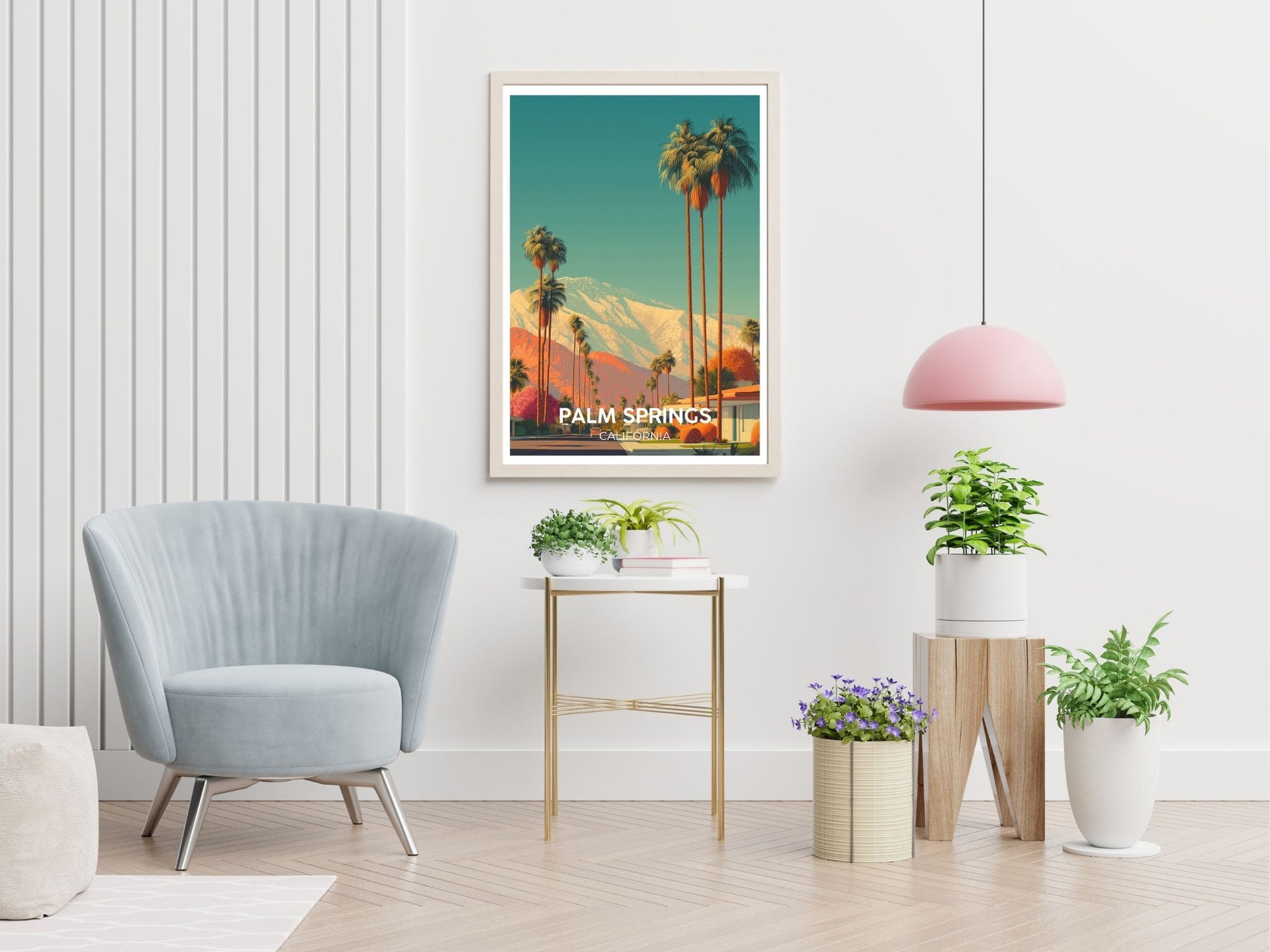 Palm Springs California travel print displayed in living room – Atlas Prints