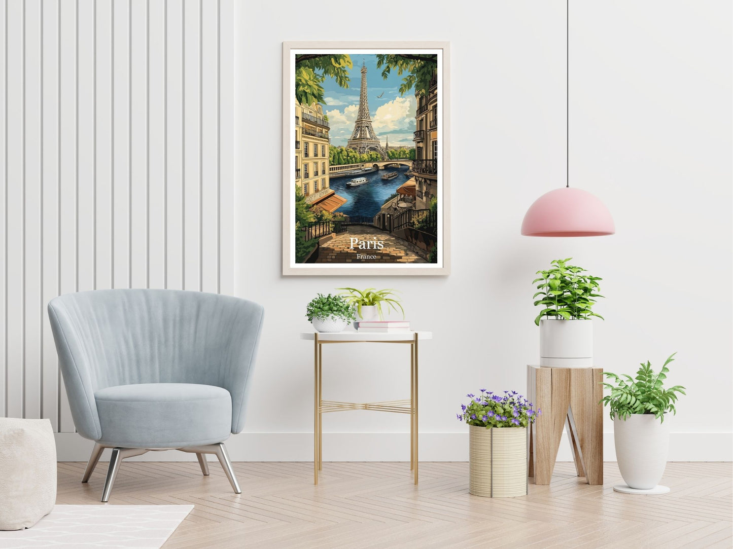 Paris travel print displayed in living room – Atlas Prints
