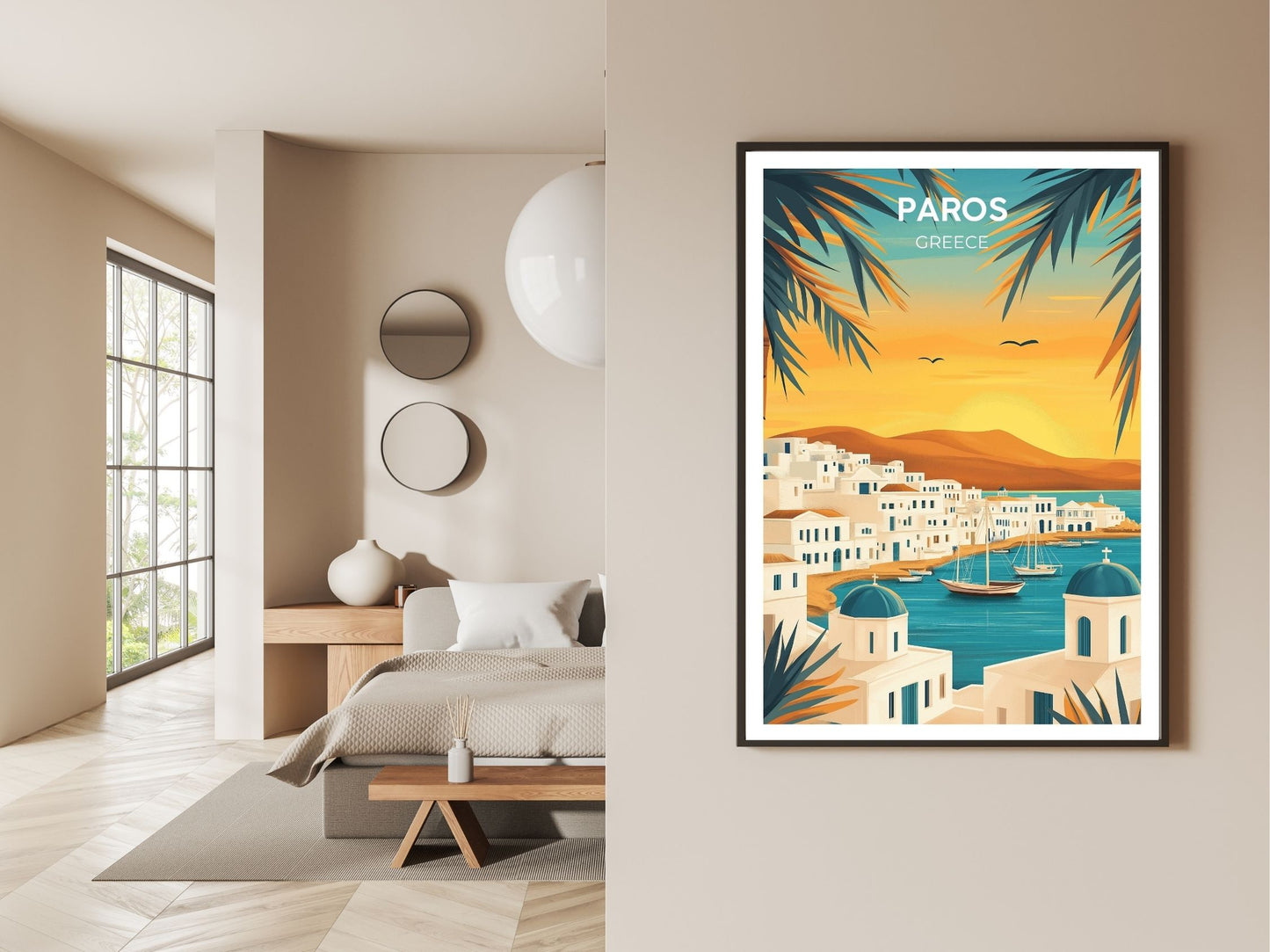 Gallery wall display of Paros Greece travel poster – Atlas Prints