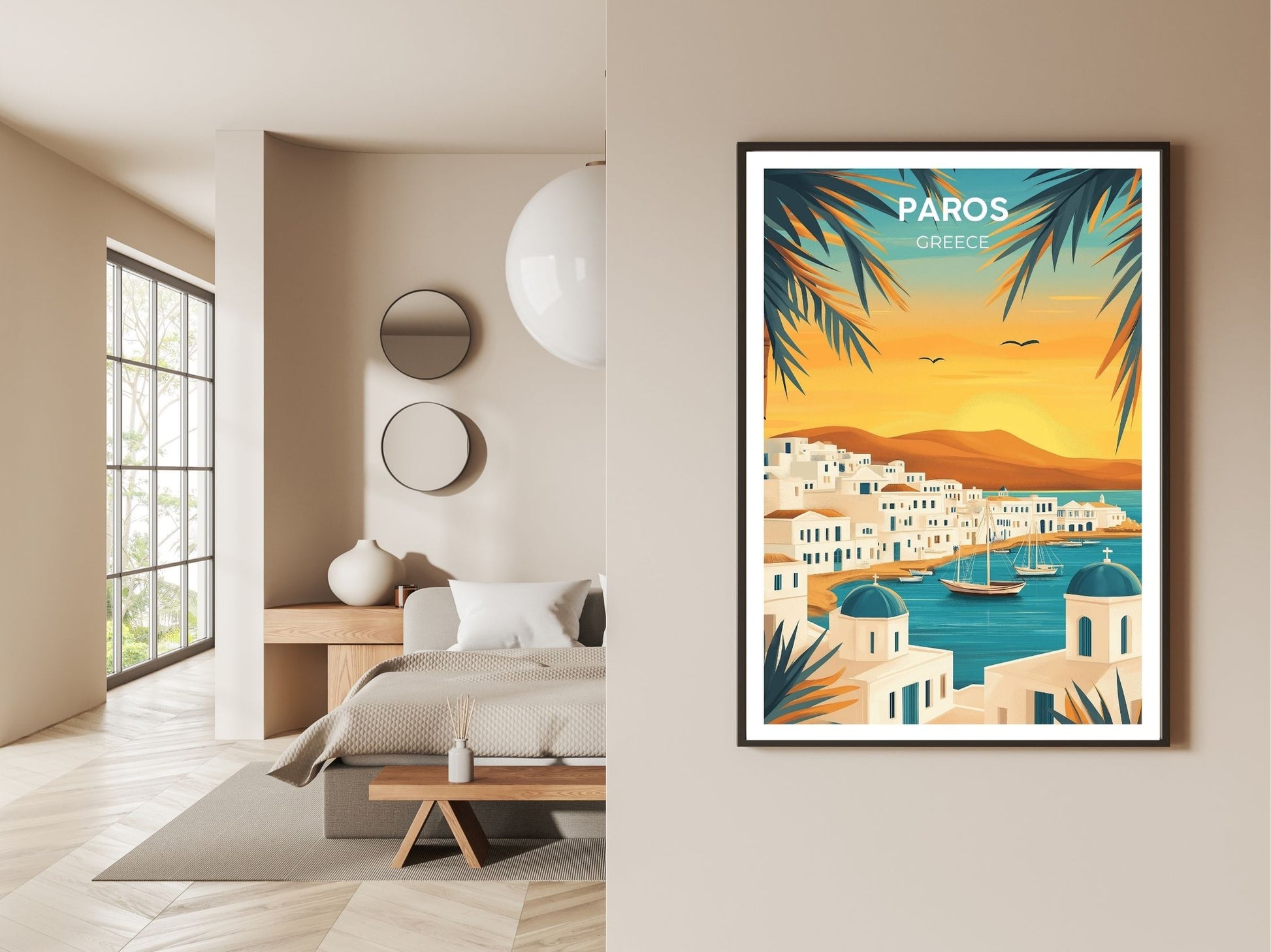 Gallery wall display of Paros Greece travel poster – Atlas Prints