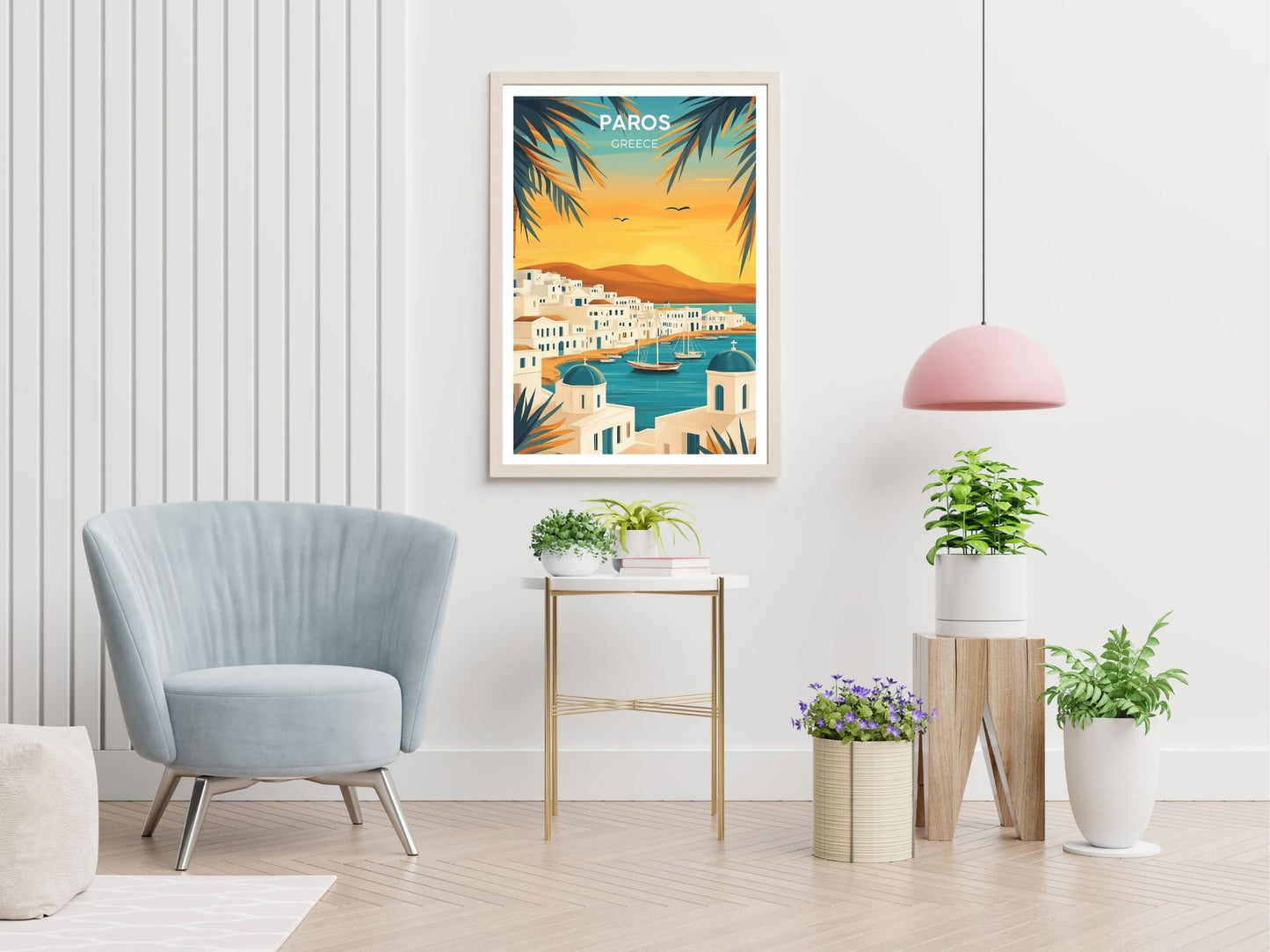 Paros Greece travel print displayed in living room – Atlas Prints