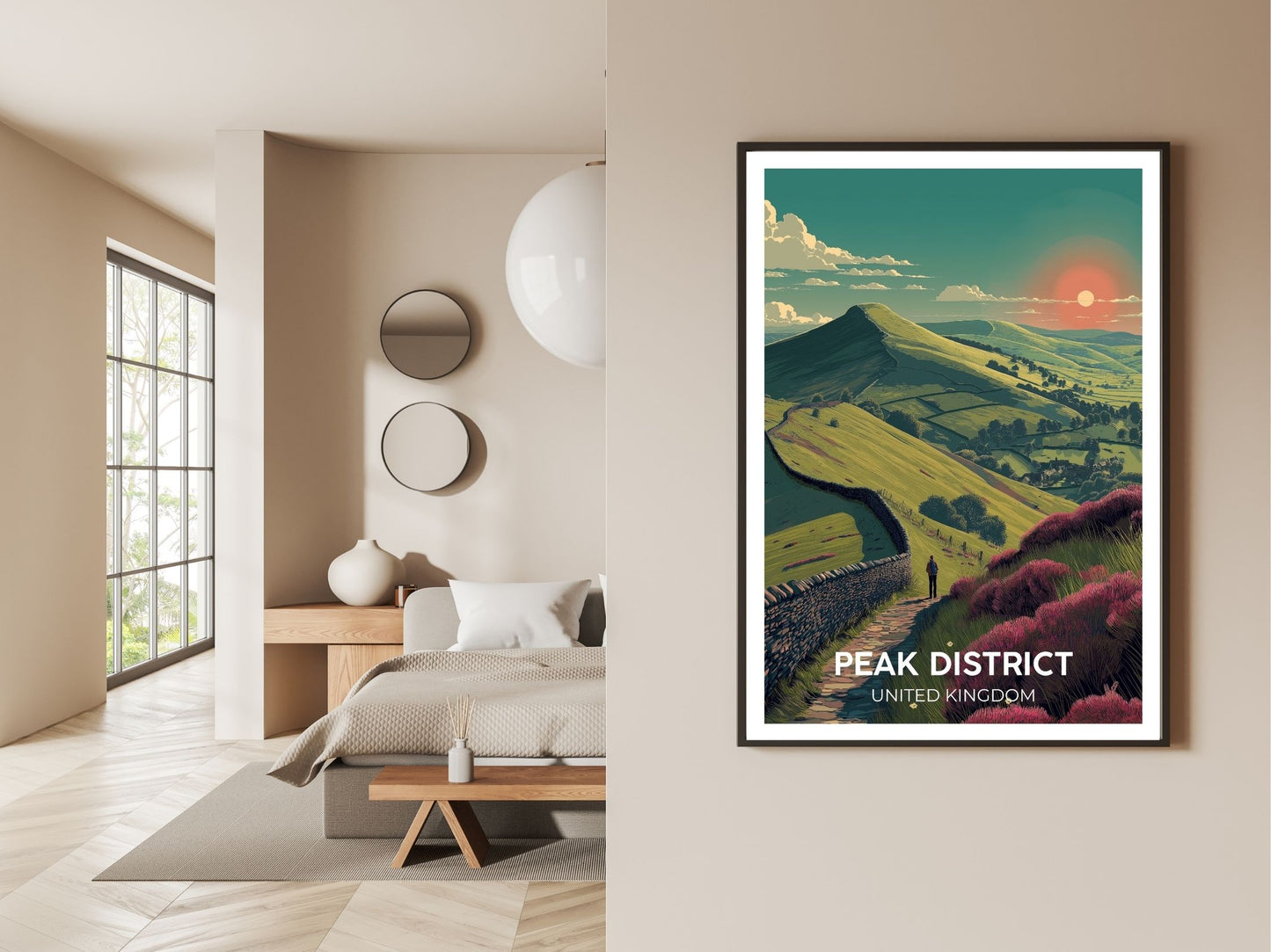 Gallery wall display of Peak District England travel poster – Atlas Prints
