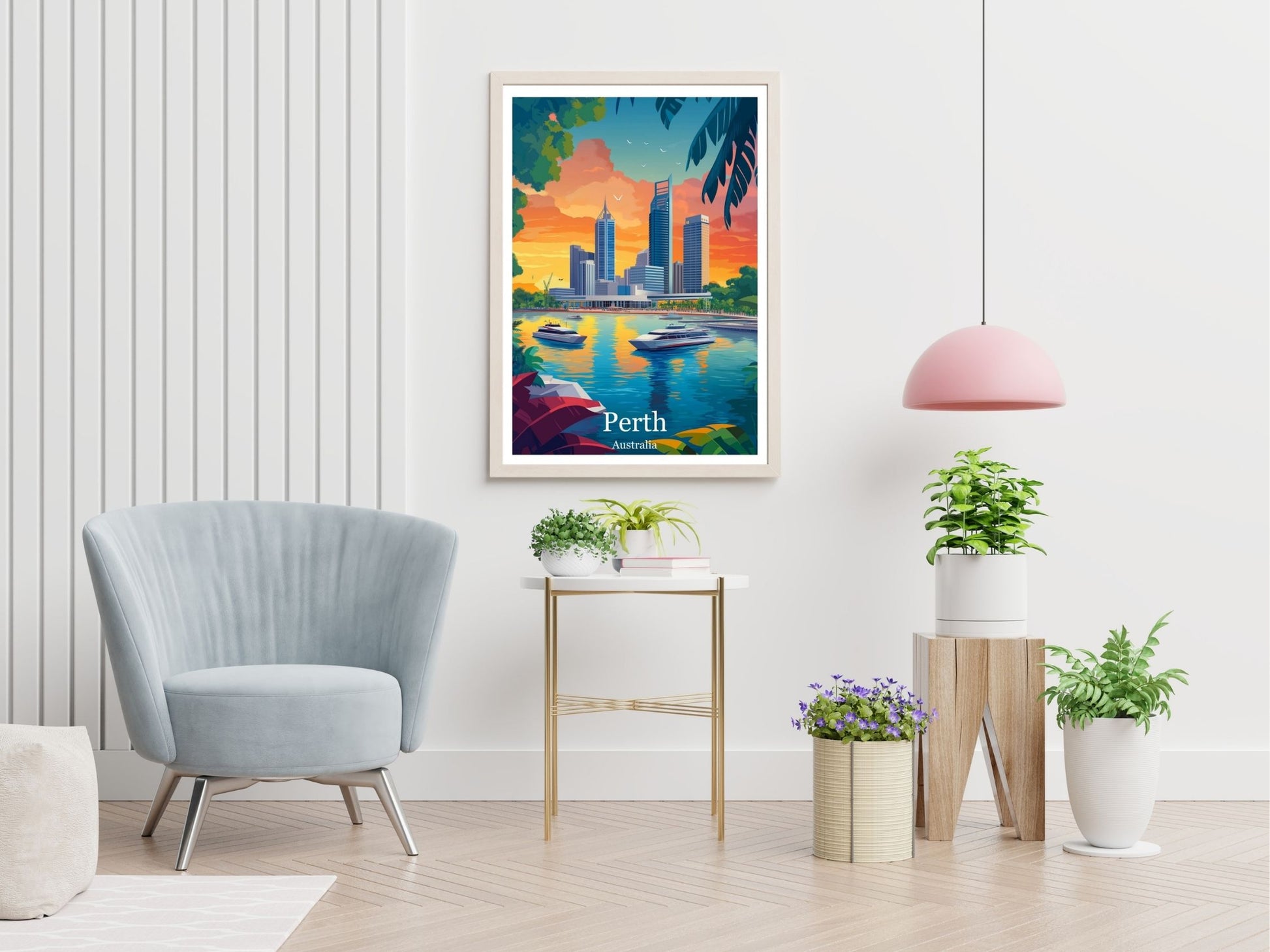 Perth travel print displayed in living room – Atlas Prints