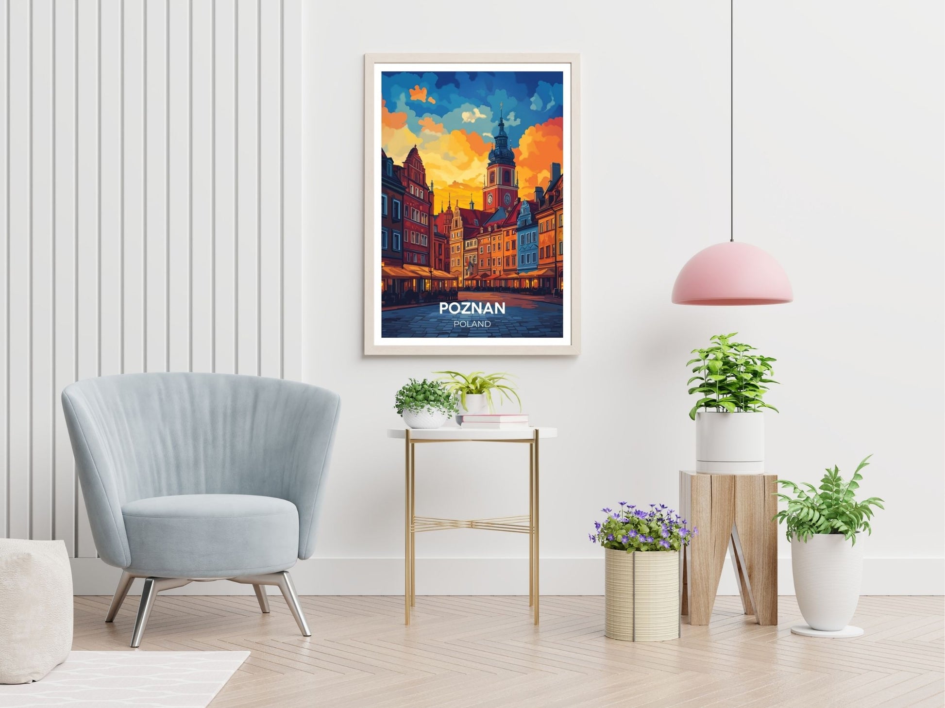 Poznan travel print displayed in living room – Atlas Prints