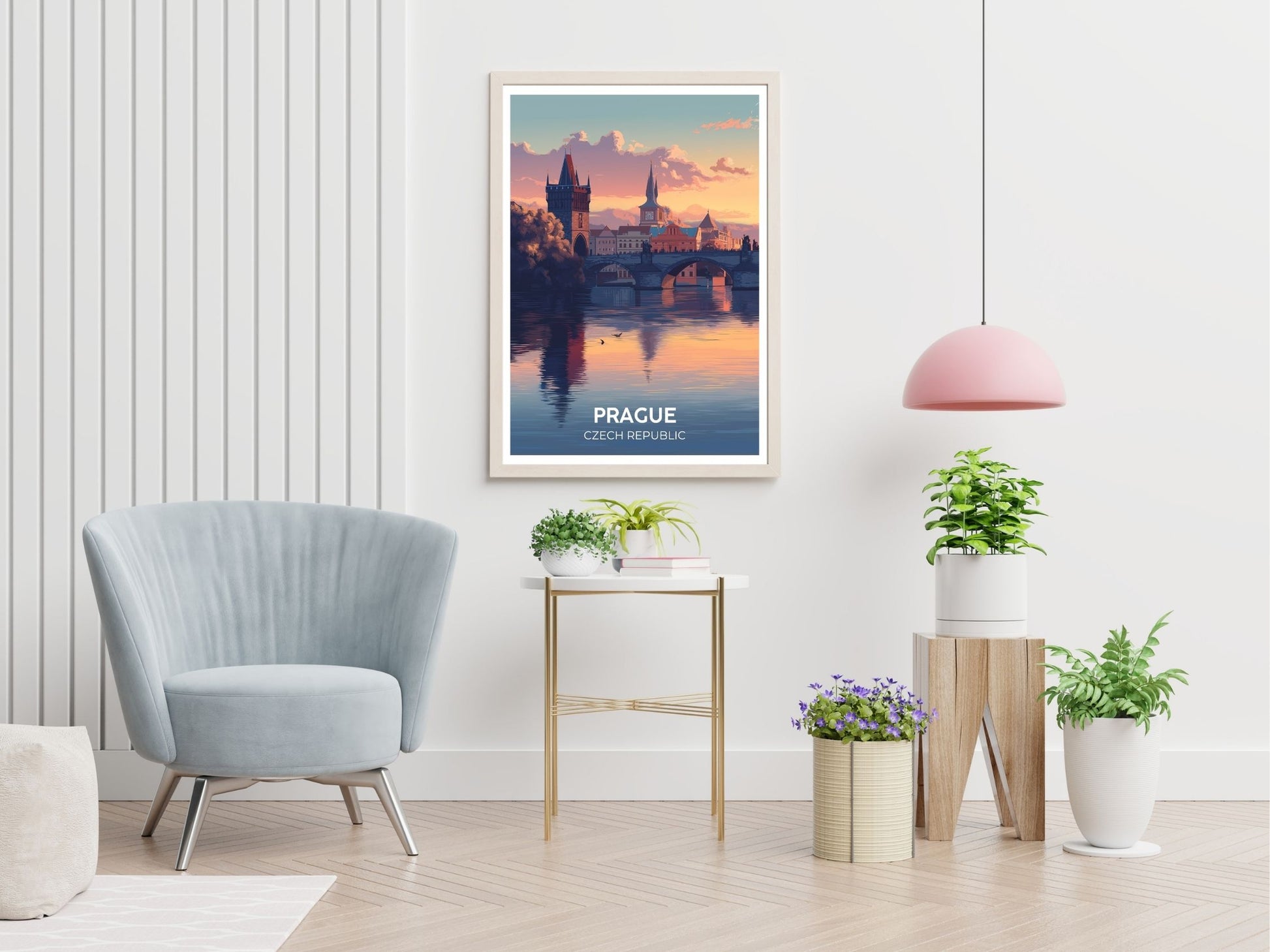 Prague travel print displayed in living room – Atlas Prints