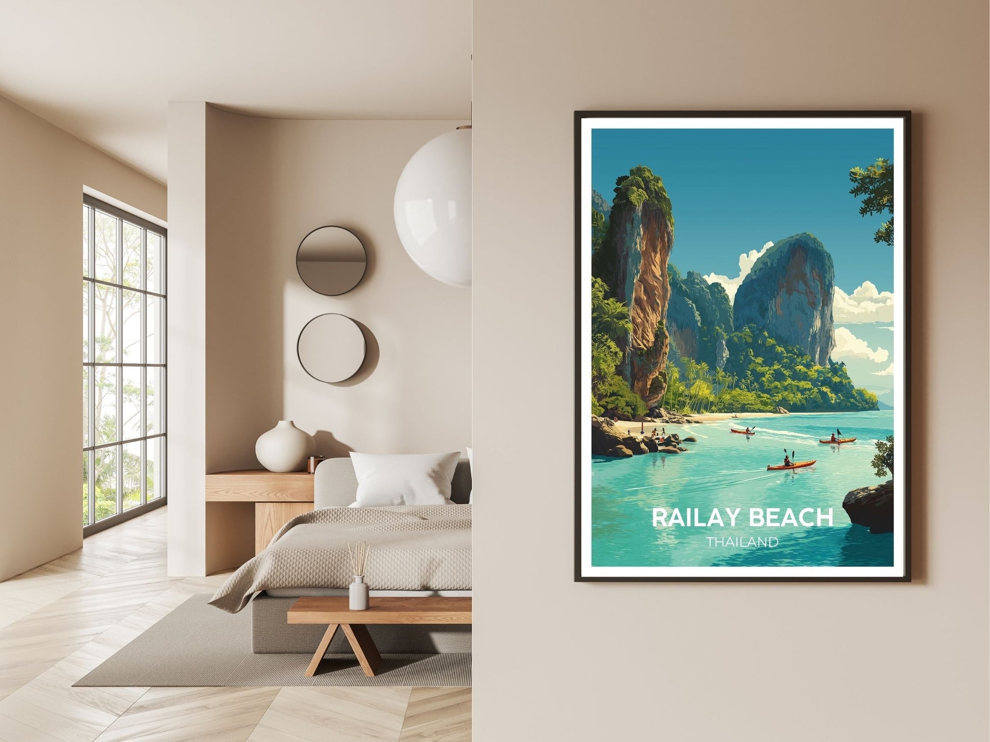 Gallery wall display of Railway Beach travel poster – Atlas Prints