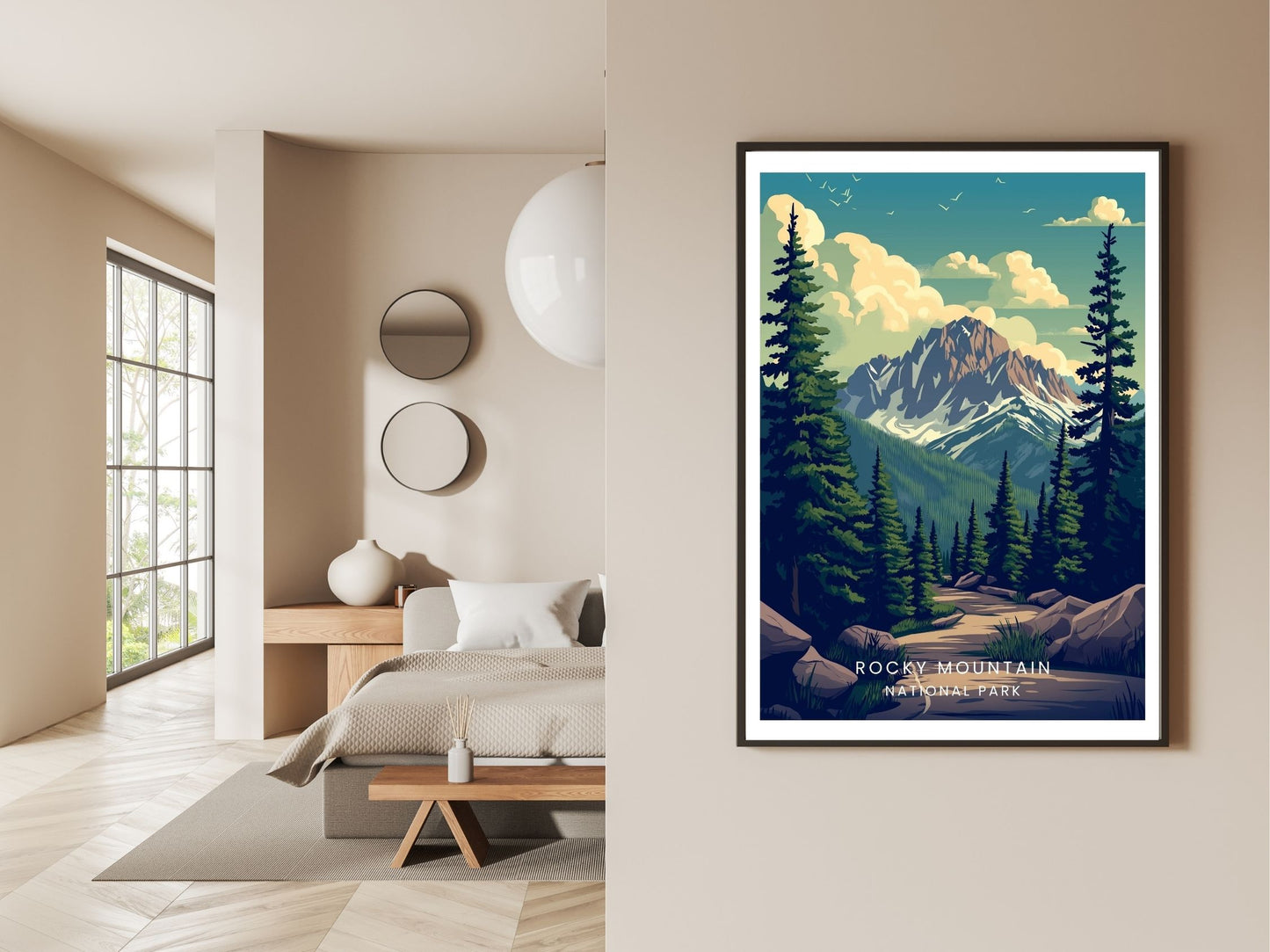 Gallery wall display of Rocky Mountain National Park travel poster – Atlas Prints