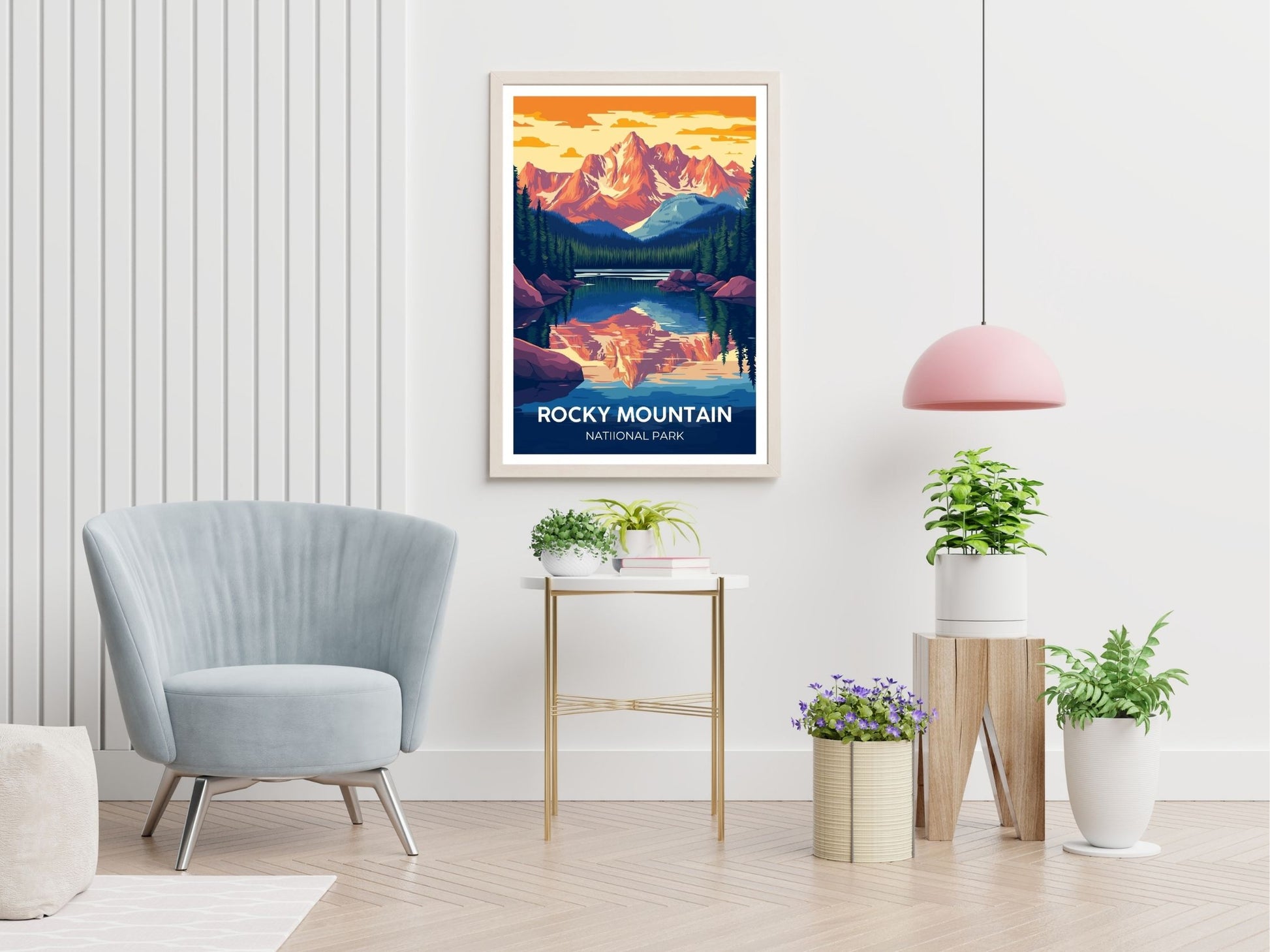 Adirondacks New York travel print displayed in living room – Atlas Prints
