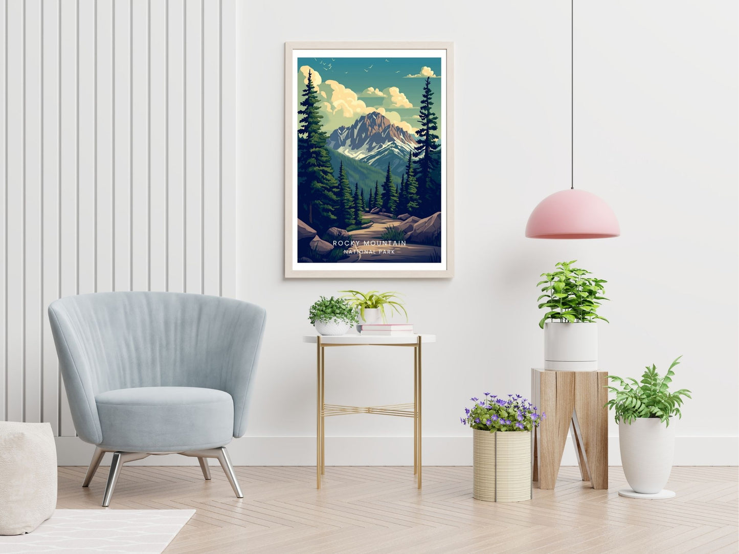 Rocky Mountain National Park travel print displayed in living room – Atlas Prints