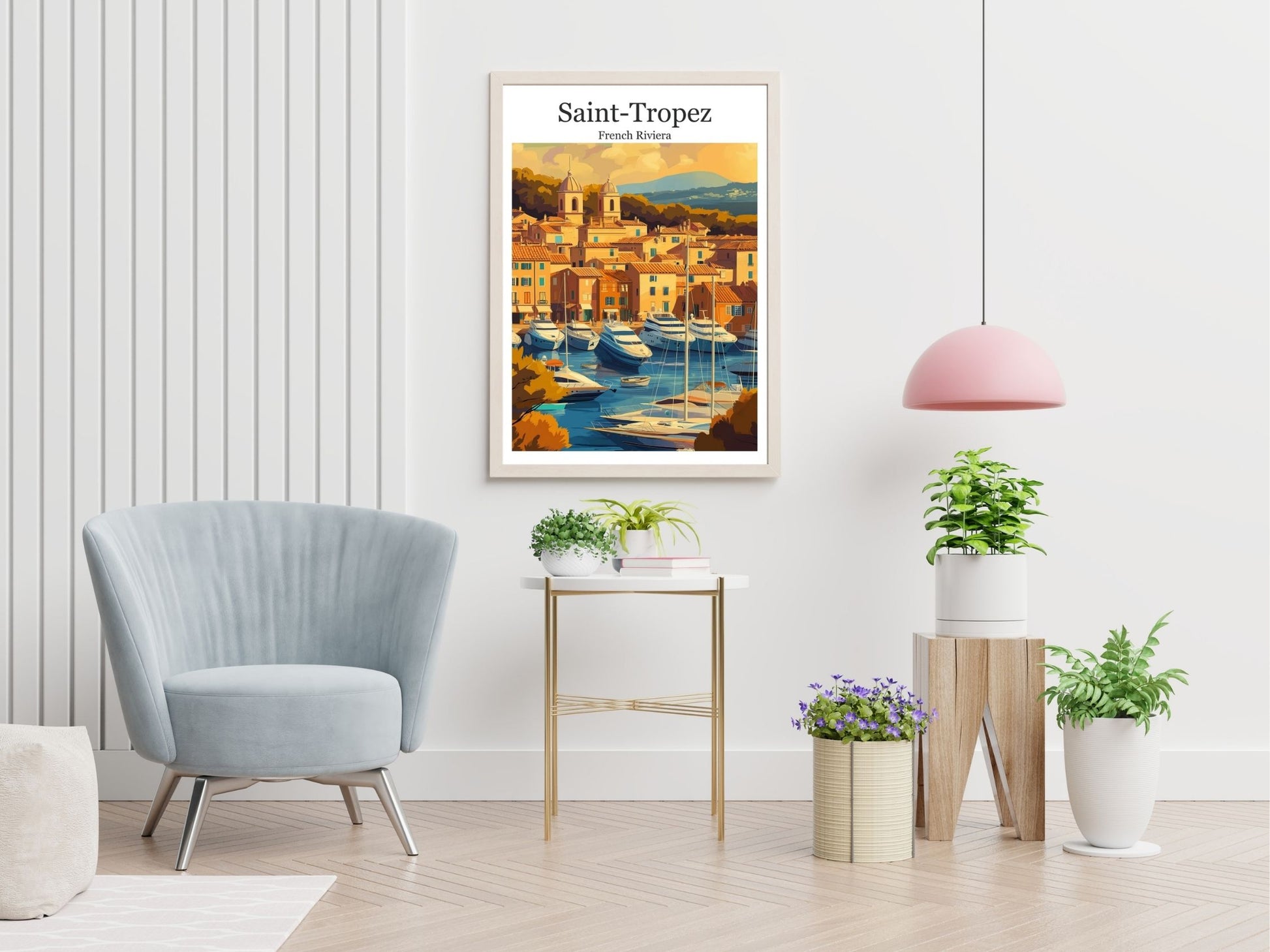Saint Tropez travel print displayed in living room – Atlas Prints