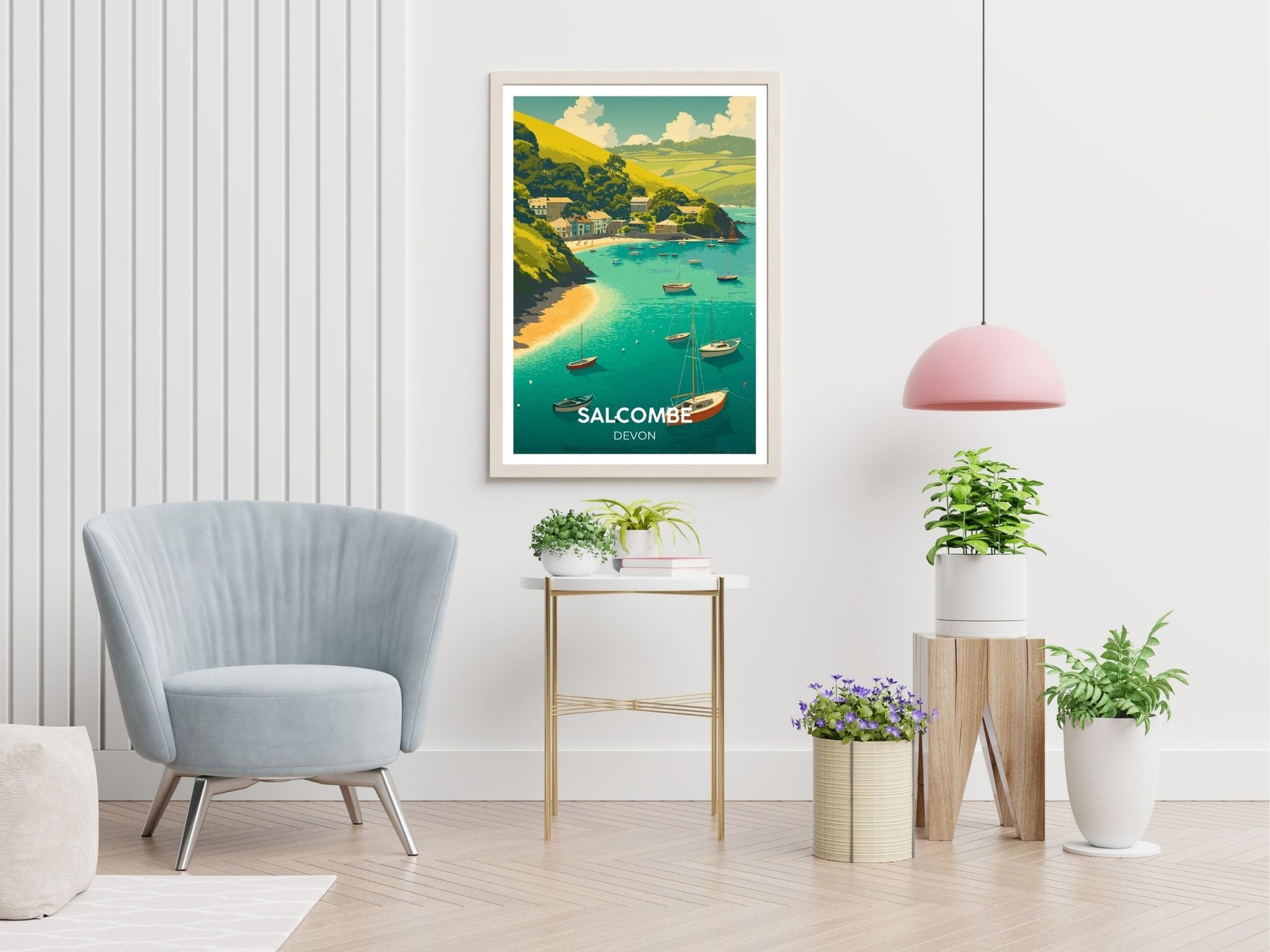 Salcombe travel print displayed in living room – Atlas Prints