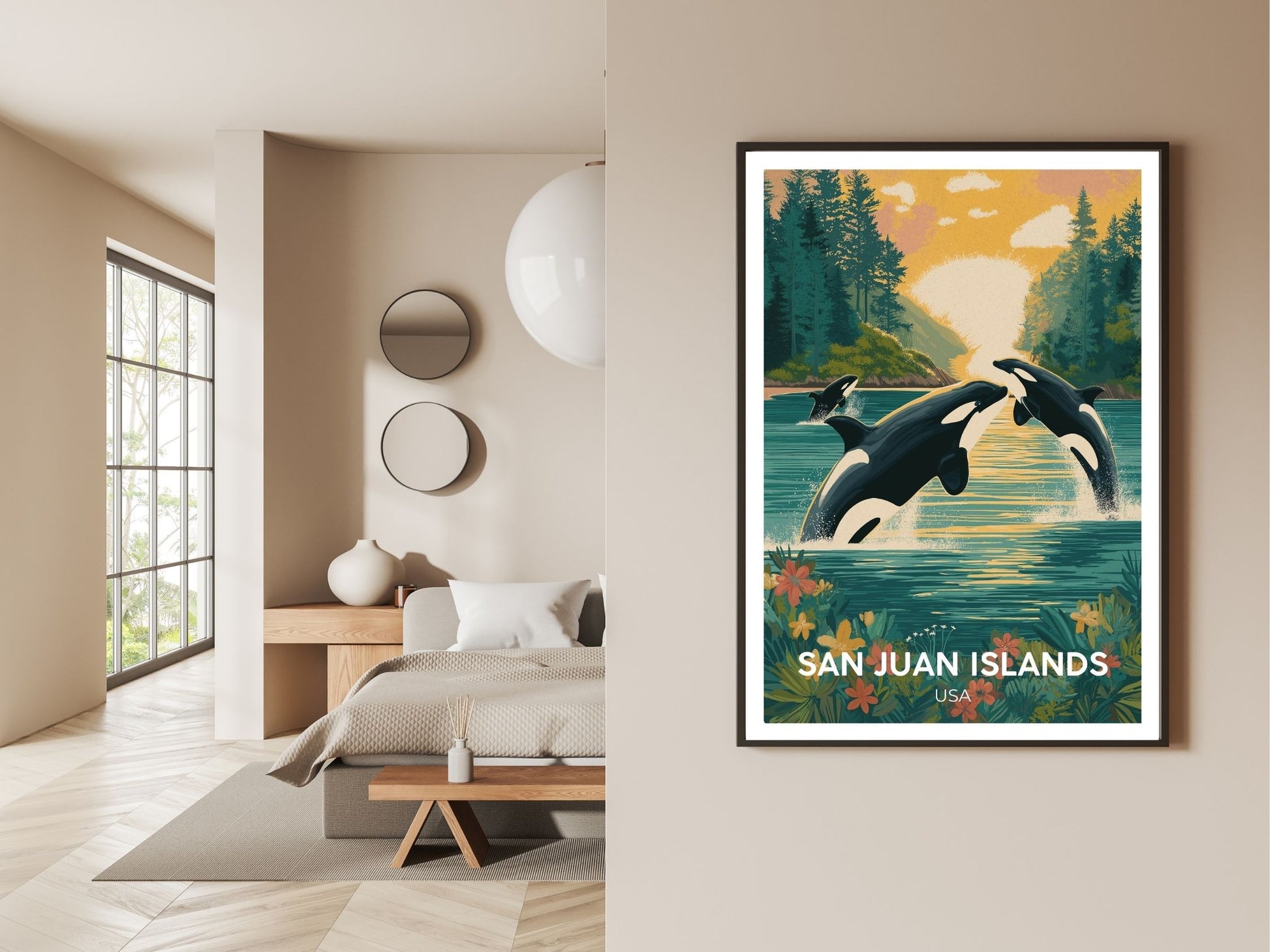 Gallery wall display of San Juan Islands USA travel poster – Atlas Prints
