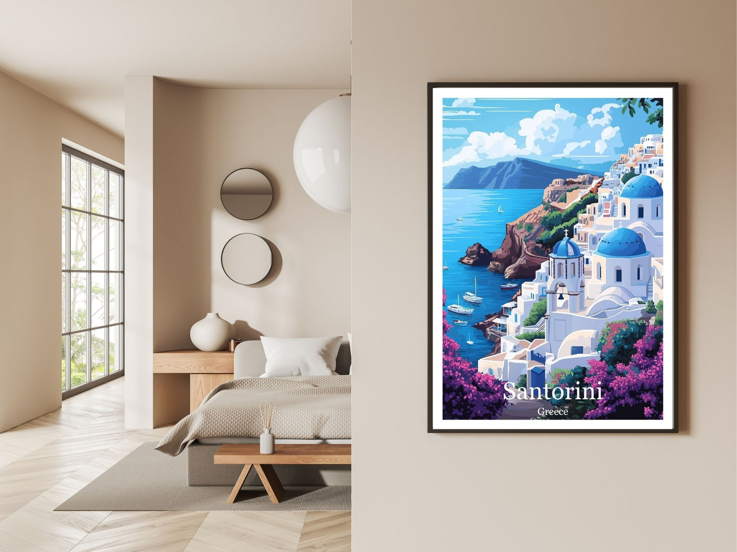 Gallery wall display of Santorini Greece travel poster – Atlas Prints