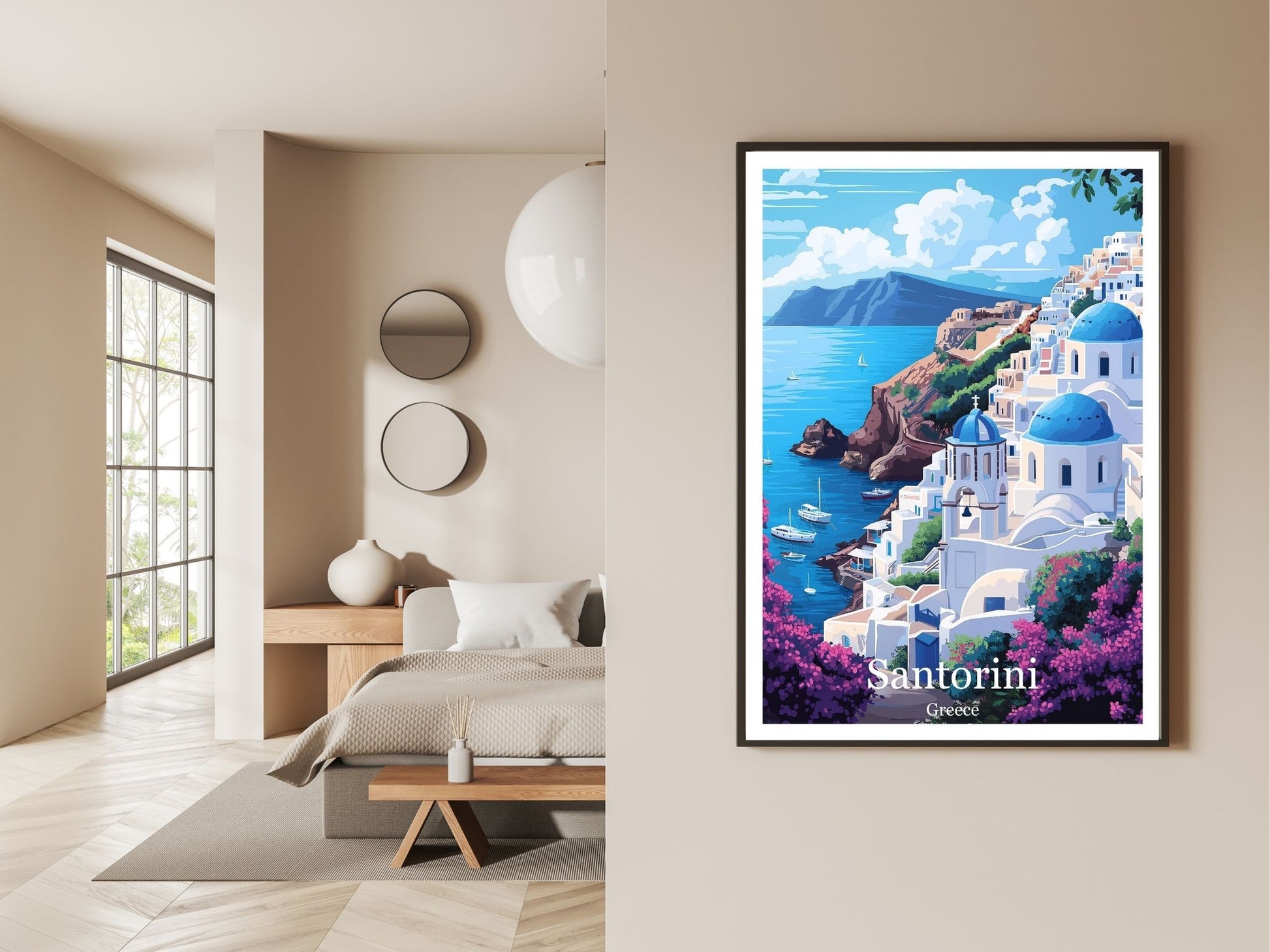 Gallery wall display of Santorini Greece travel poster – Atlas Prints