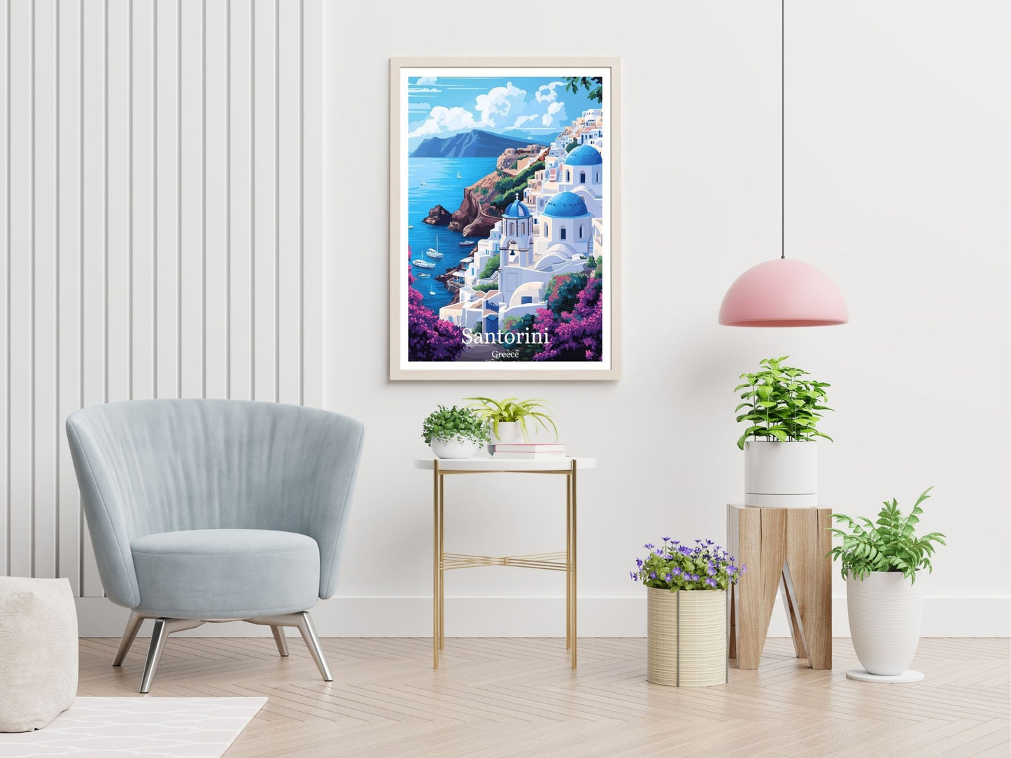 Santorini Greece travel print displayed in living room – Atlas Prints