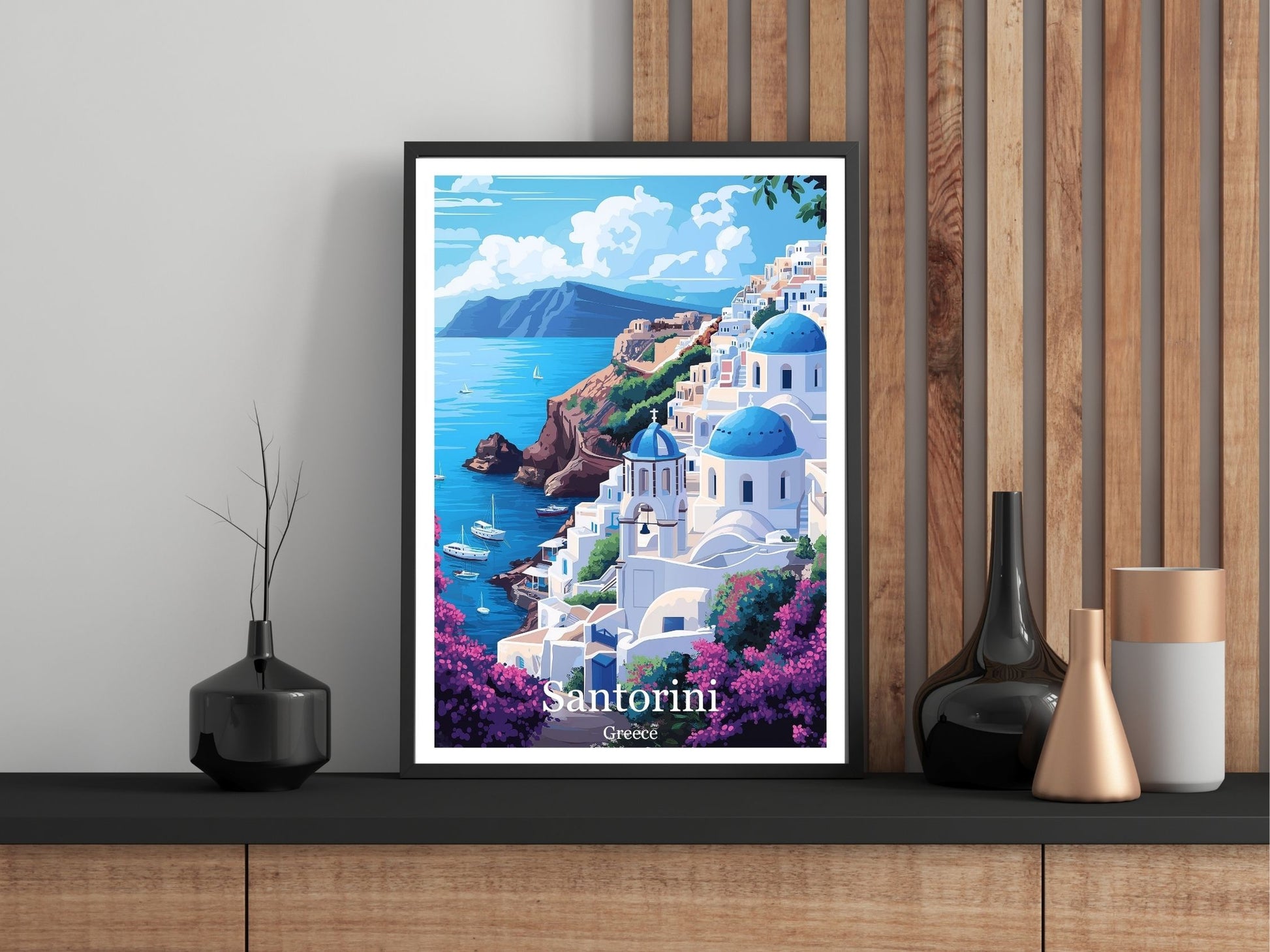Close-up of Santorini Greece travel poster matte texture – Atlas Prints