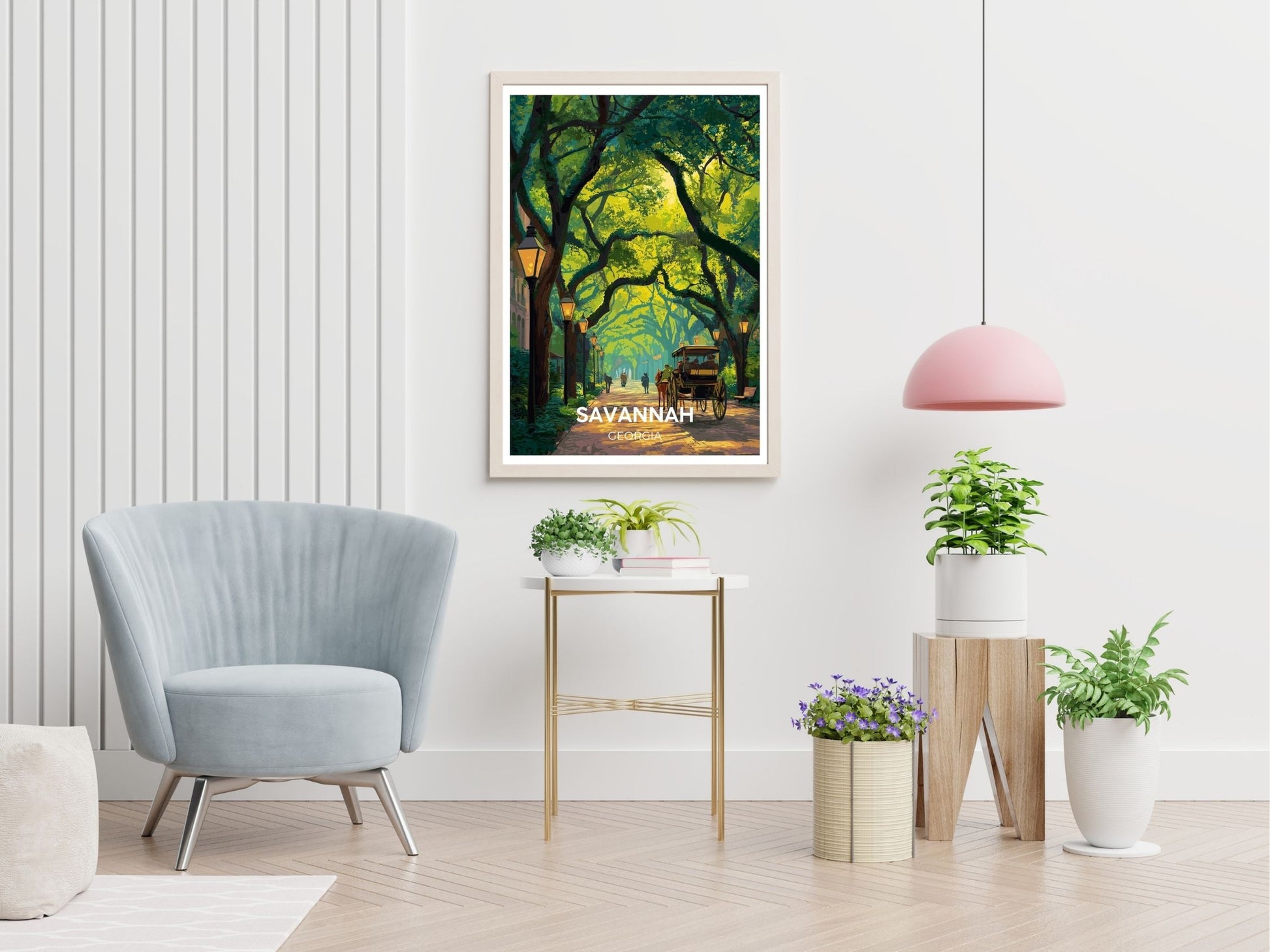 Savannah Georgia travel print displayed in living room – Atlas Prints