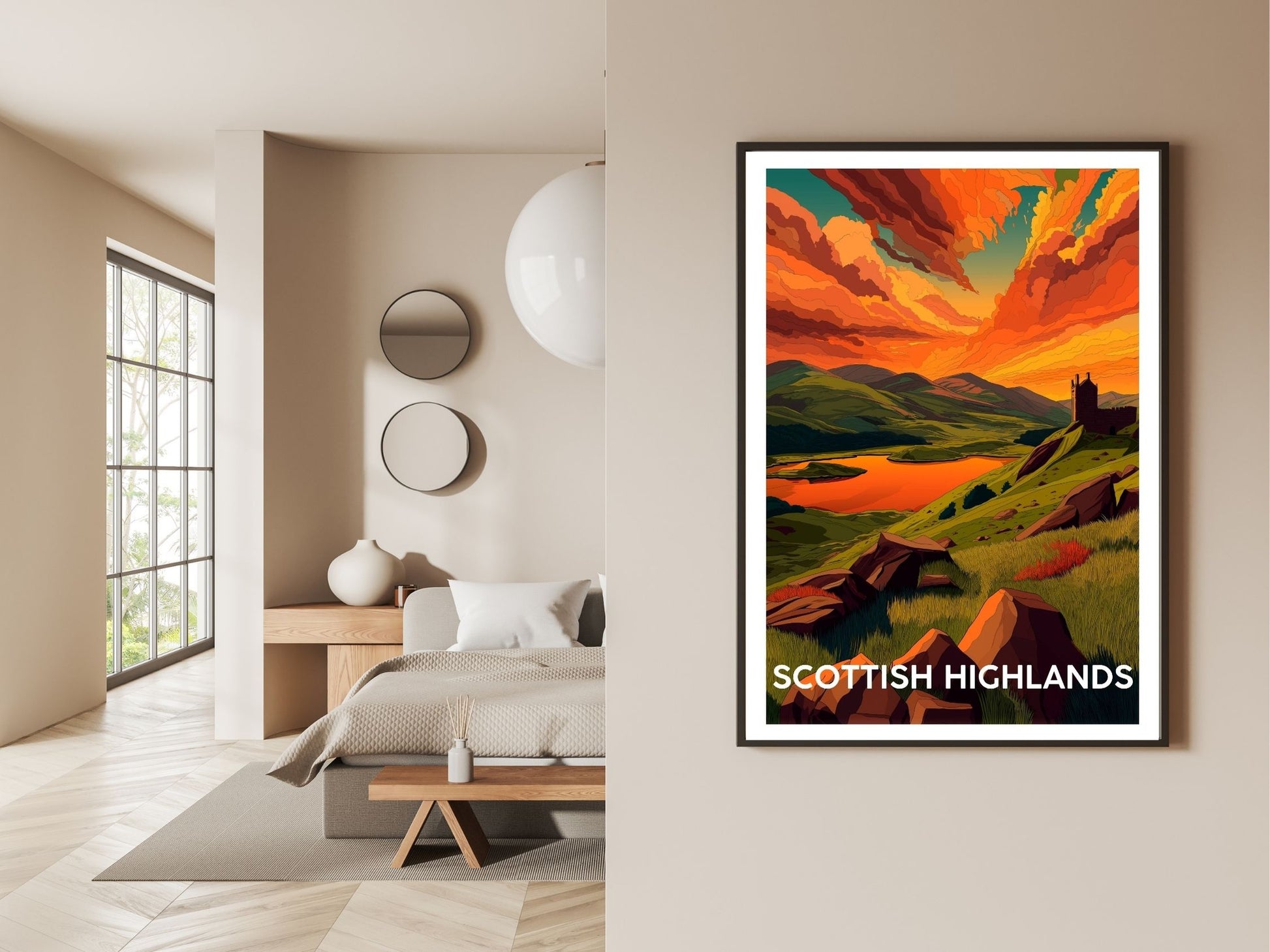 Gallery wall display of Scottish Highlands travel poster – Atlas Prints