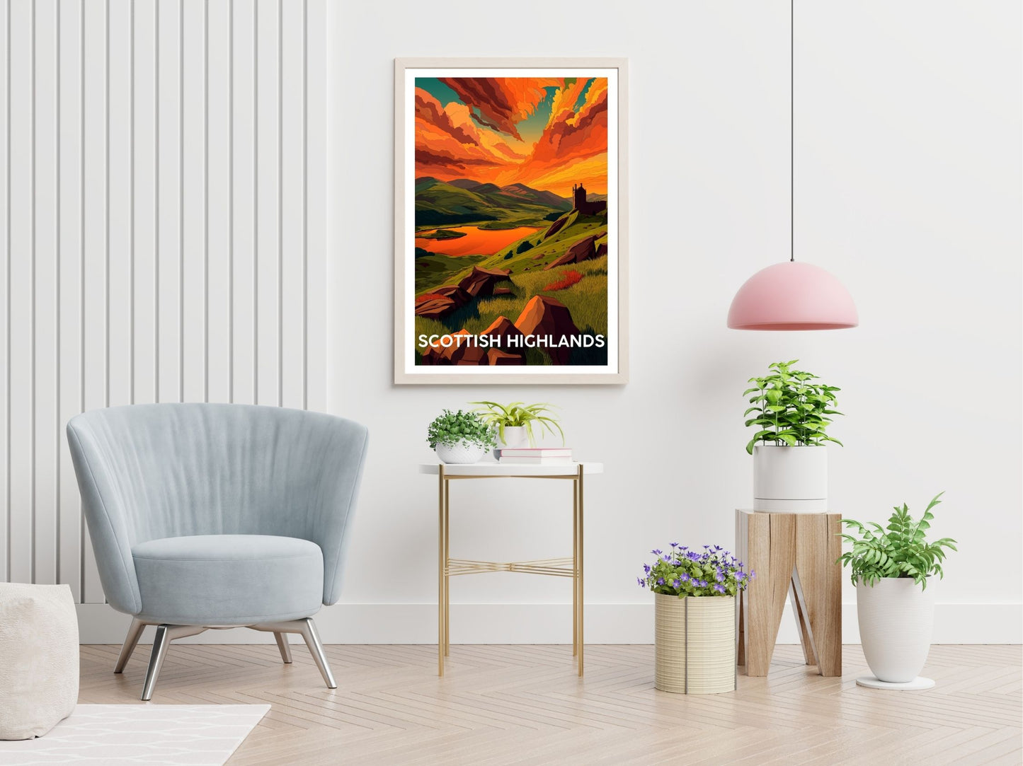 Scottish Highlands travel print displayed in living room – Atlas Prints
