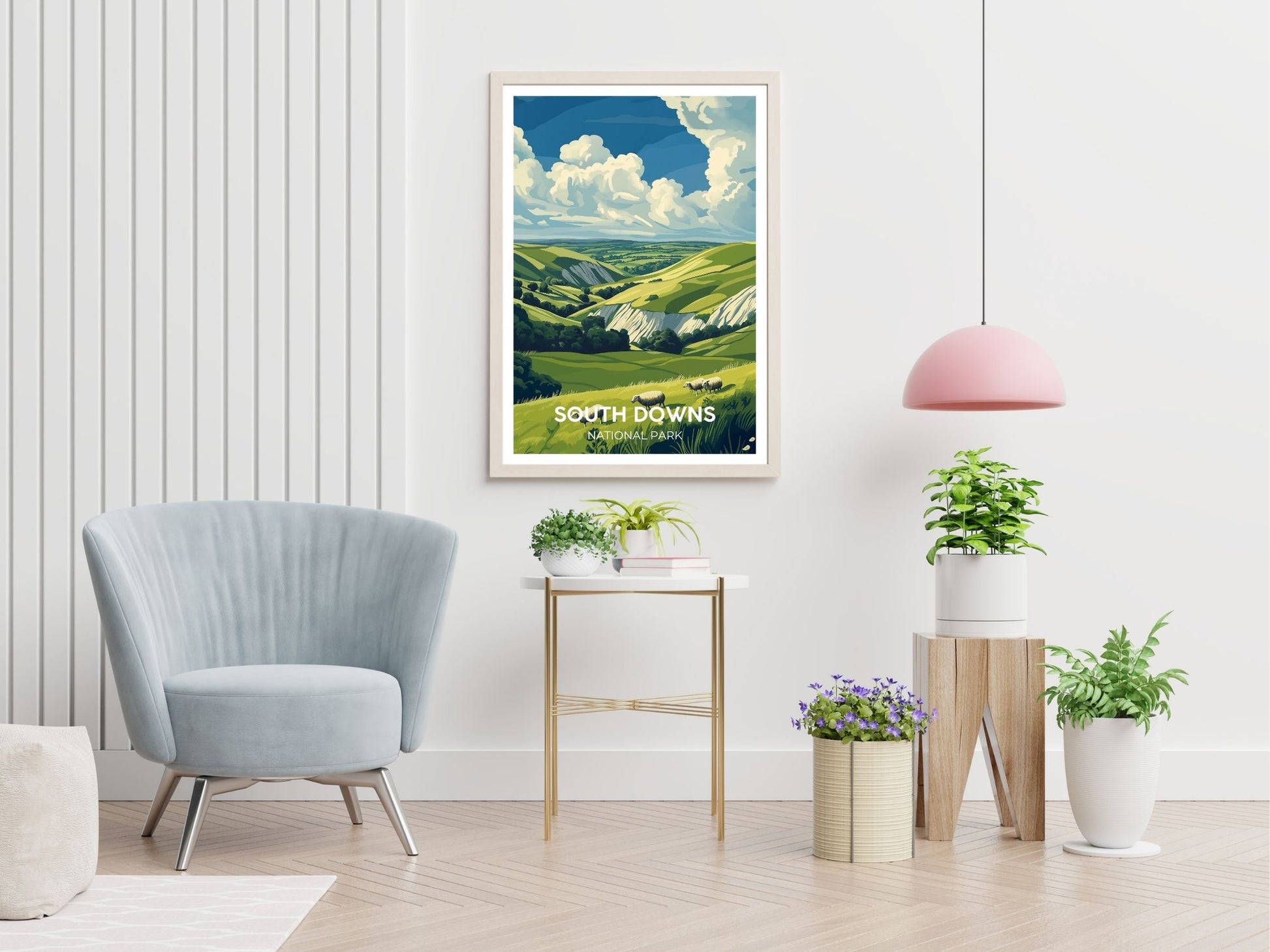 South Downs travel print displayed in living room – Atlas Prints