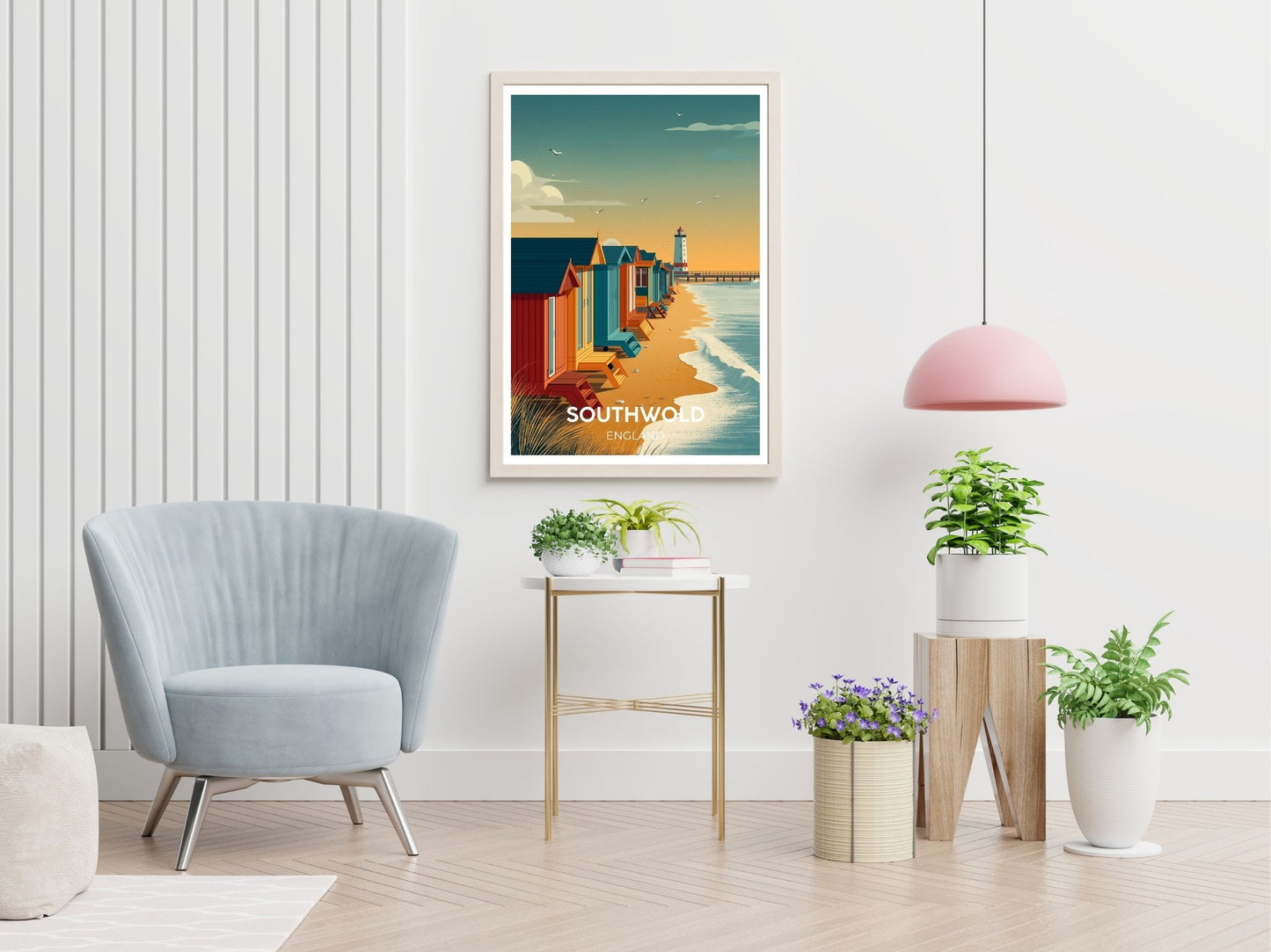 Southwold England travel print displayed in living room – Atlas Prints