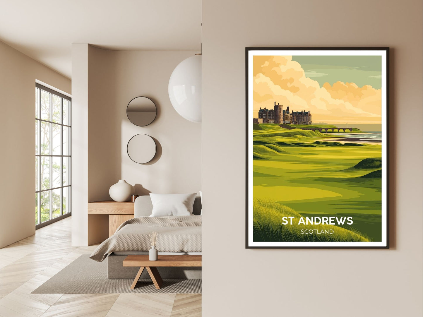 St Andrews Scotland wall art print displayed in bedroom – Atlas Prints