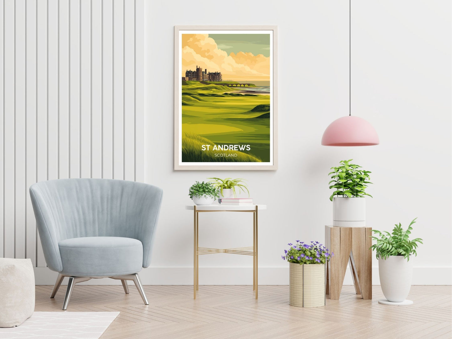 St Andrews Scotland travel print displayed in living room – Atlas Prints
