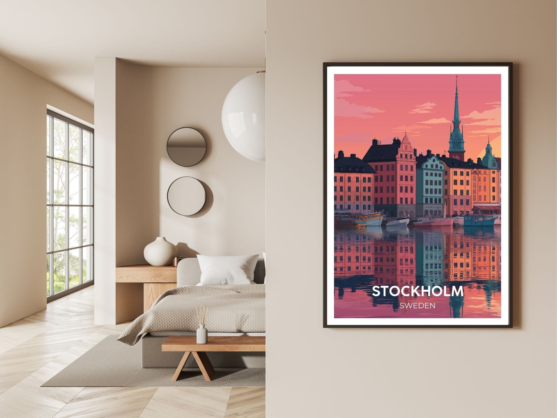 Gallery wall display of Stockholm Sweden travel poster – Atlas Prints