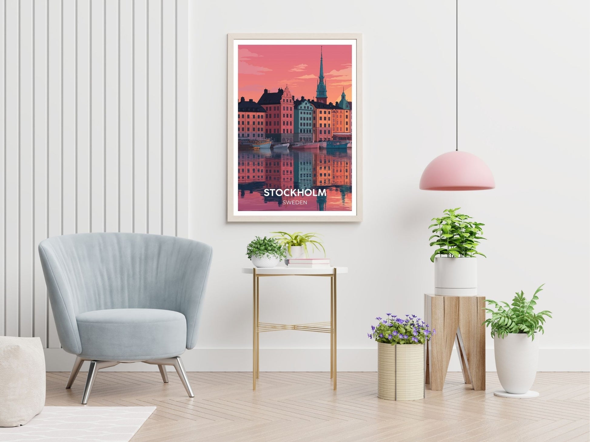 Stockholm Sweden travel print displayed in living room – Atlas Prints