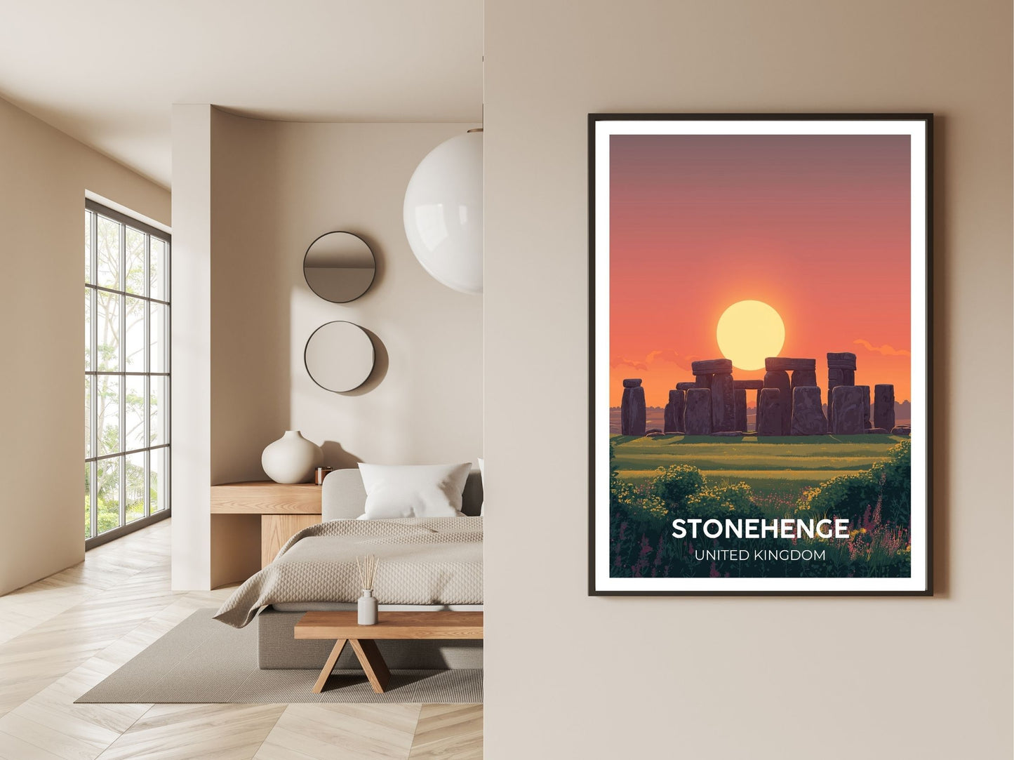 Gallery wall display of Stonehenge United Kingdom travel poster – Atlas Prints