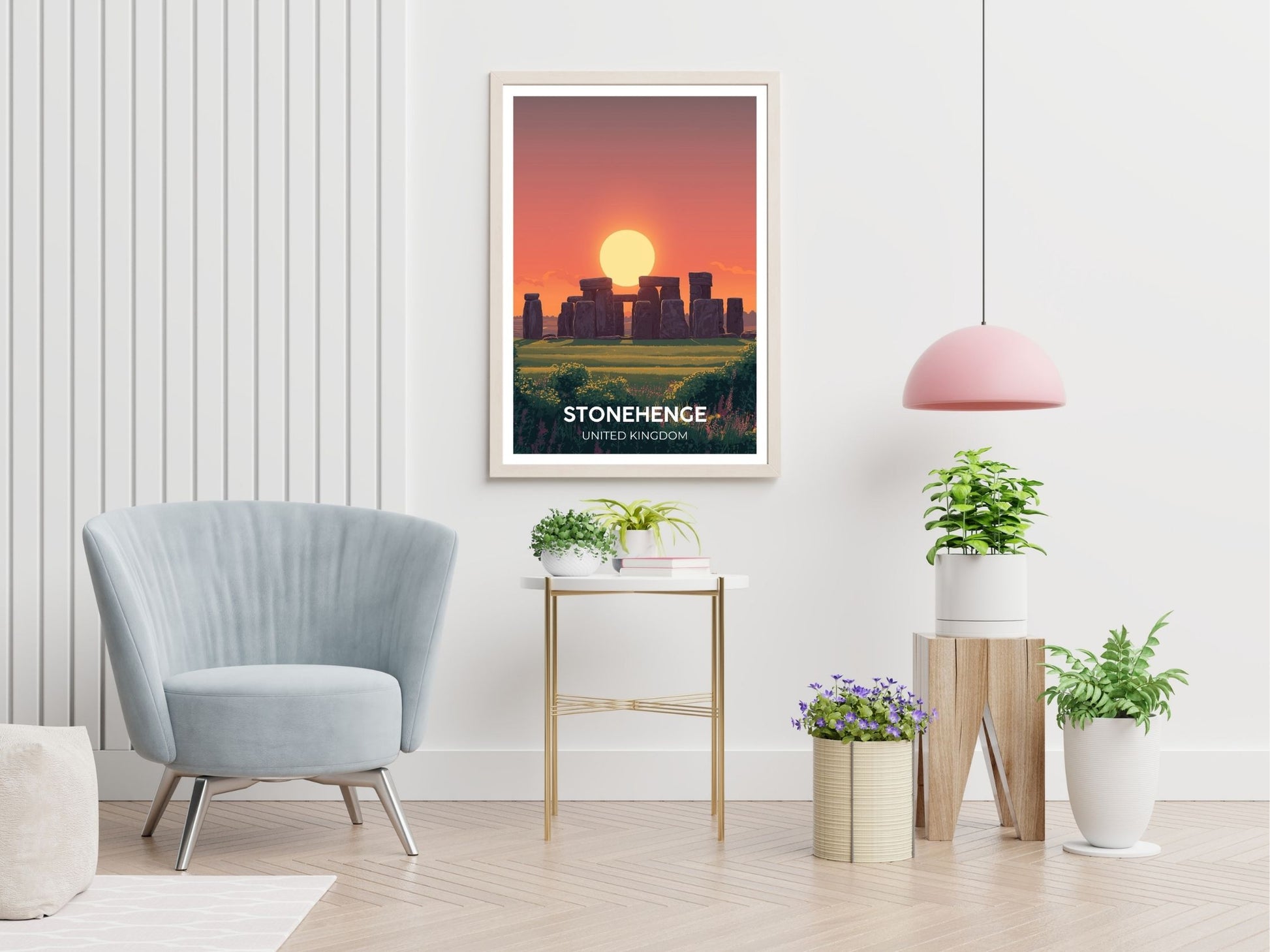 Stonehenge United Kingdom travel print displayed in living room – Atlas Prints