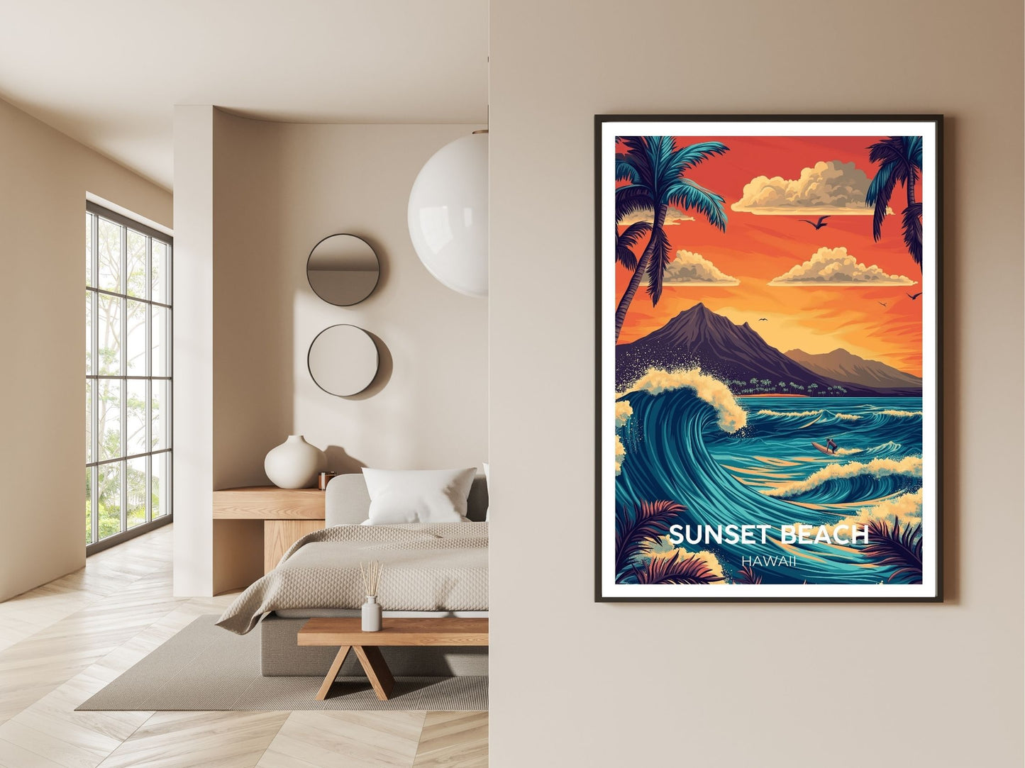 Sunset Beach  wall art print displayed in bedroom – Atlas Prints