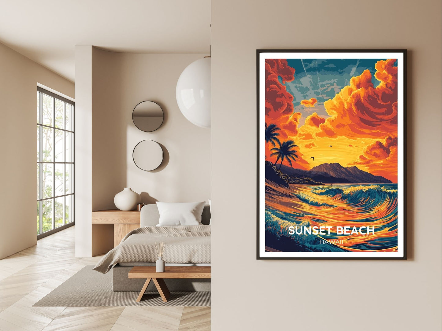 Sunset Beach Hawaii wall art print displayed in bedroom – Atlas Prints