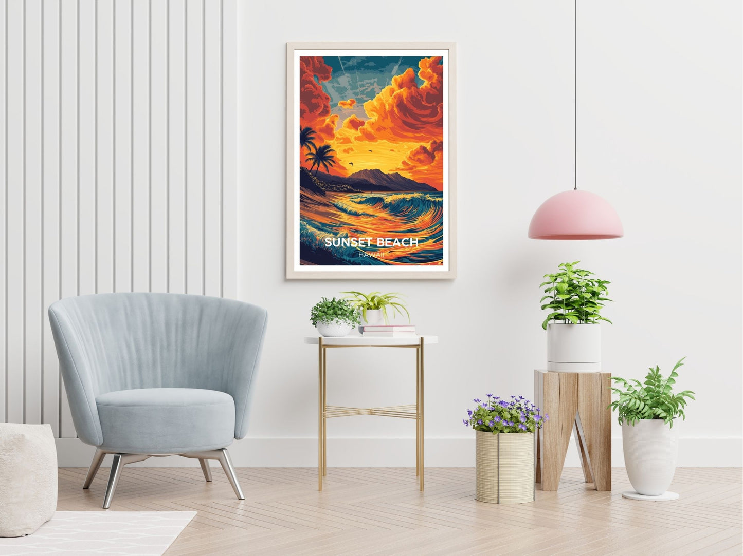 Sunset Beach Hawaii travel print displayed in living room – Atlas Prints