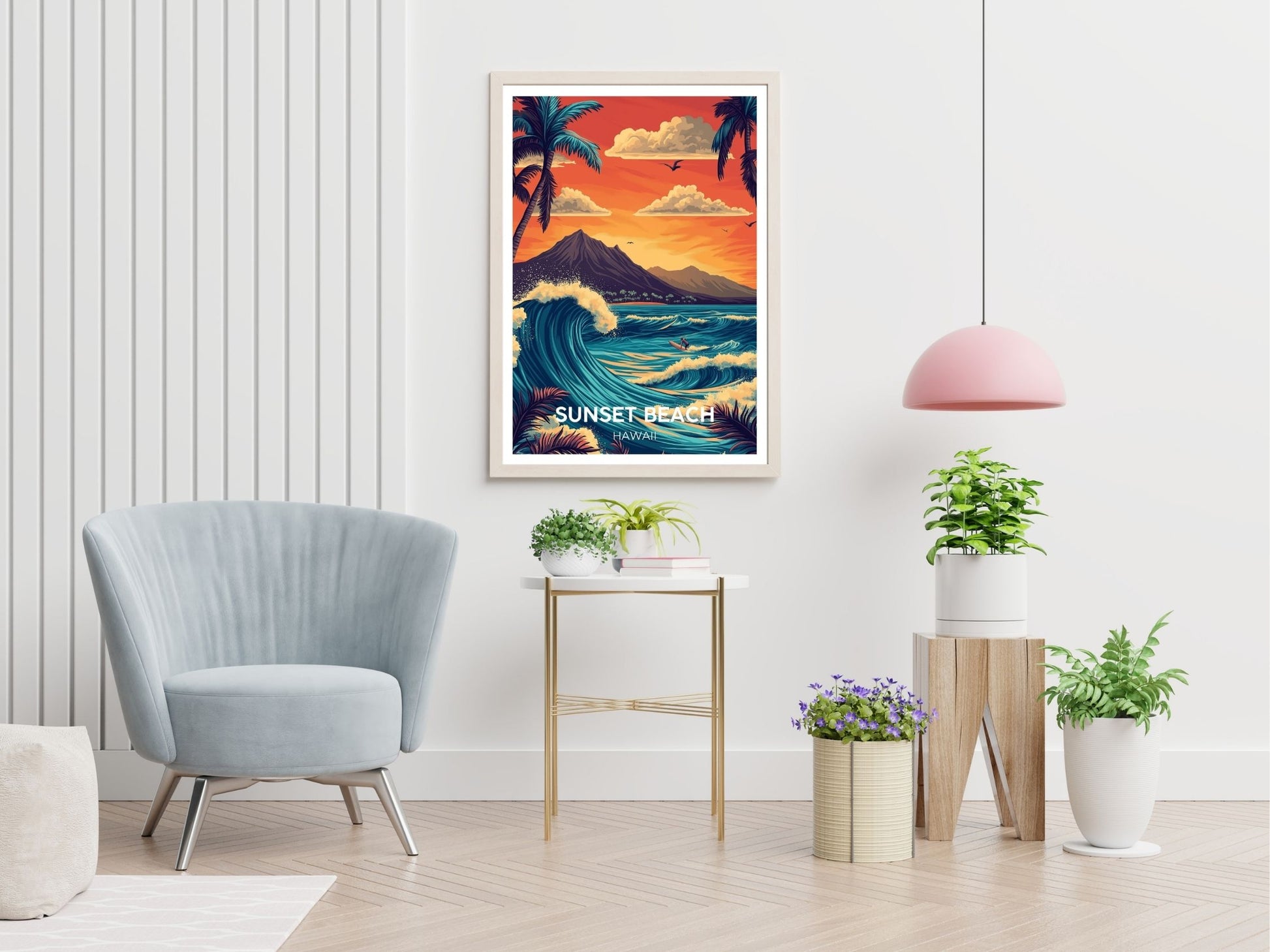 Sunset Beach  travel print displayed in living room – Atlas Prints