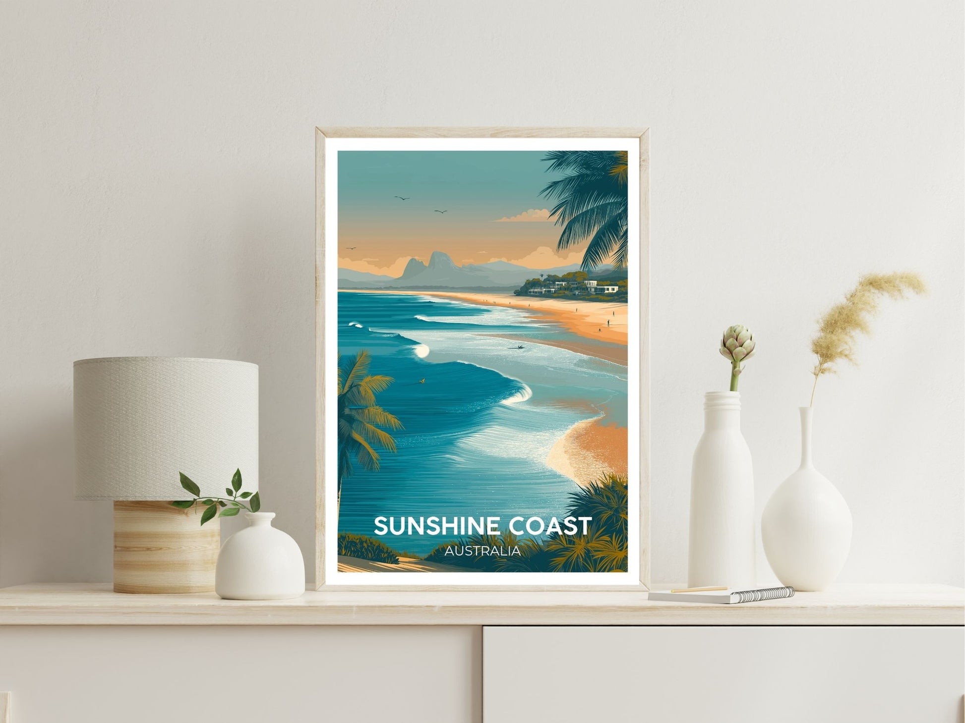 Gallery wall display of Sunshine Coast Australia travel poster – Atlas Prints