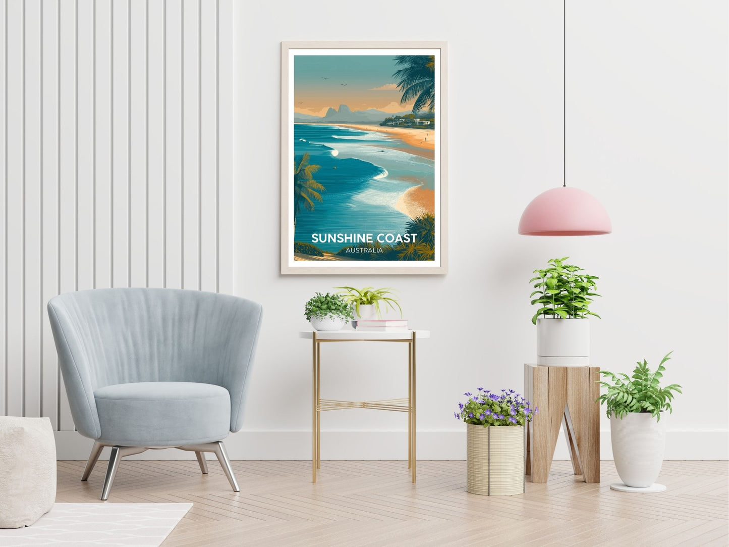 Sunshine Coast Australia travel print displayed in living room – Atlas Prints