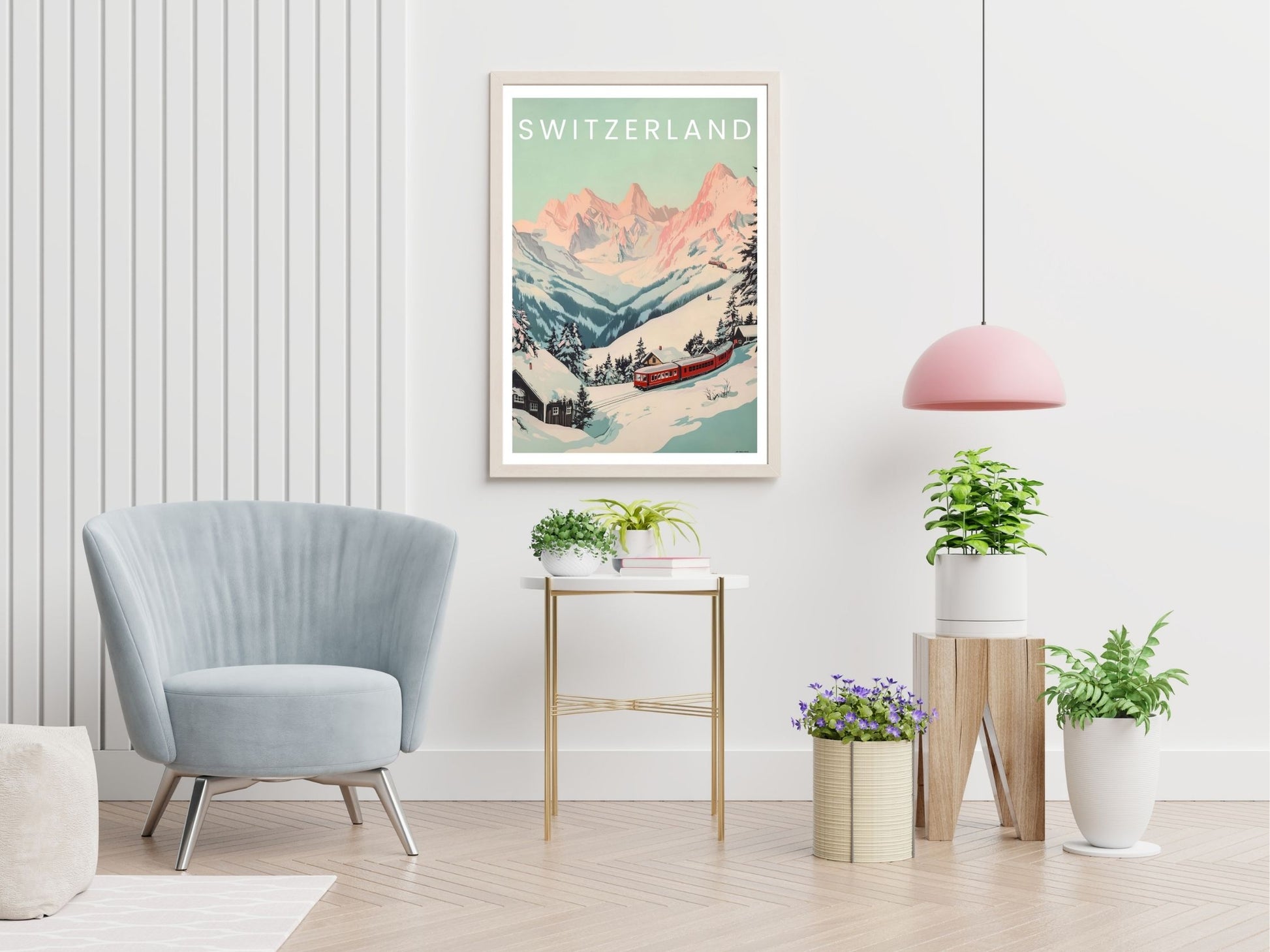 Switzerland travel print displayed in living room – Atlas Prints