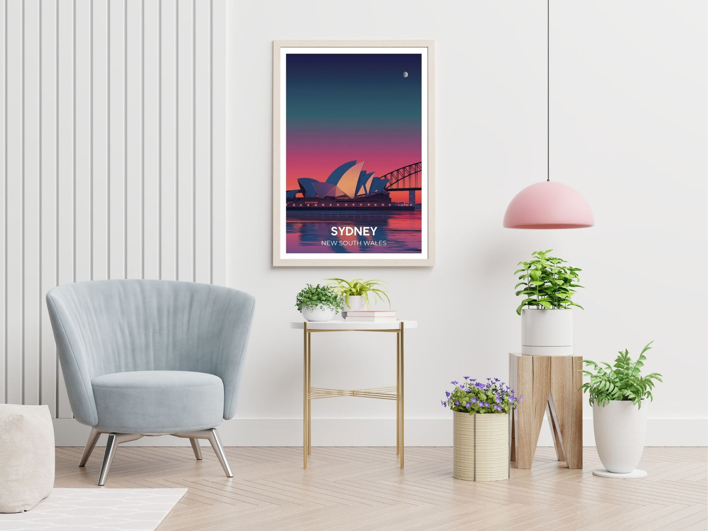 Sydney Australia travel print displayed in living room – Atlas Prints